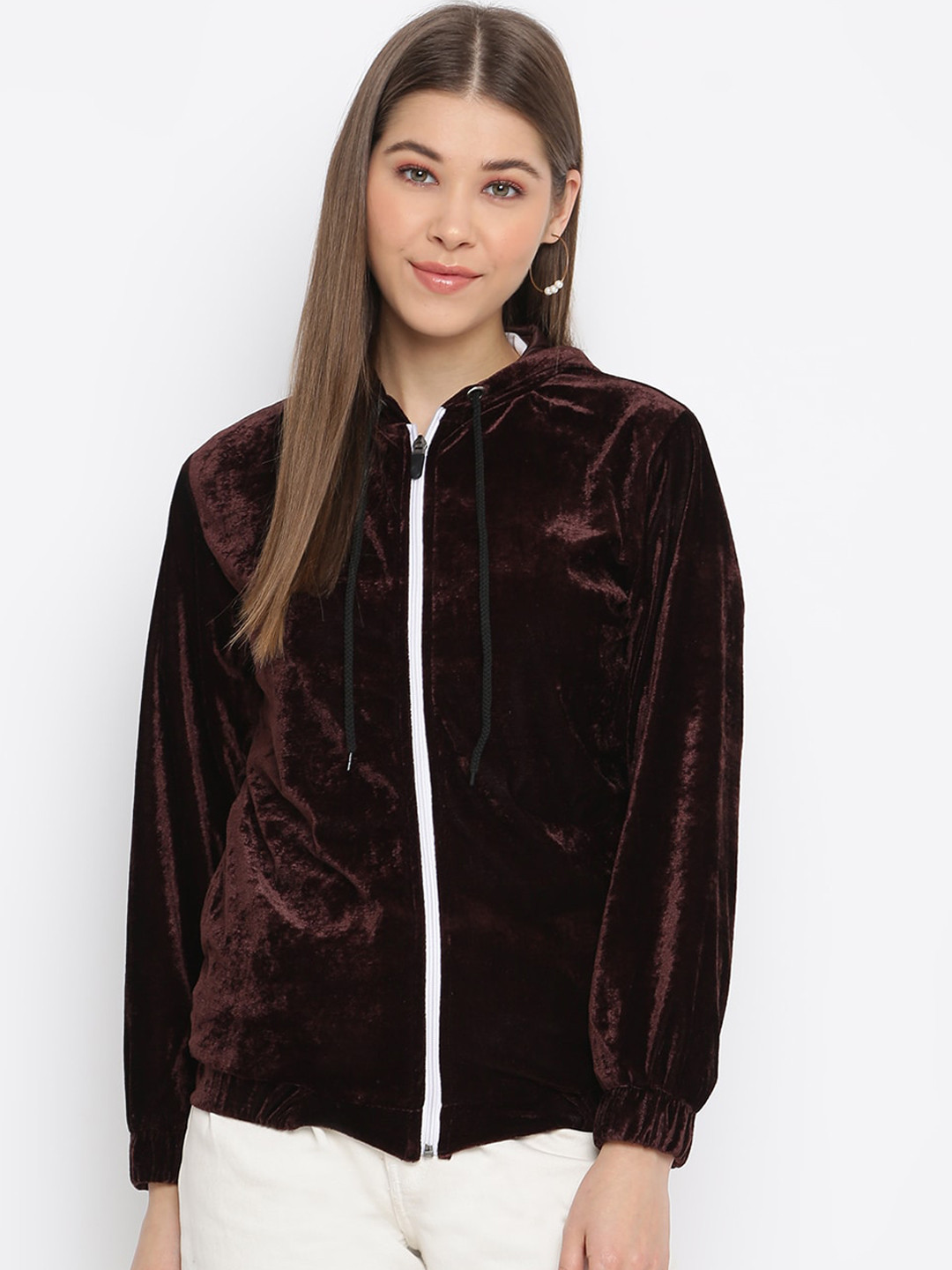 Mayra Women Brown Solid Velvet Bomber Jacket