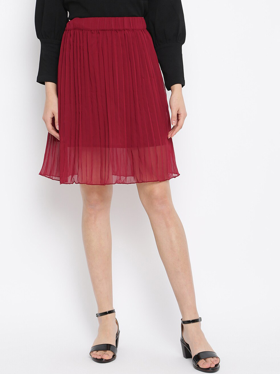 Mayra Women Red Solid Accordion Pleats Flared Skirt