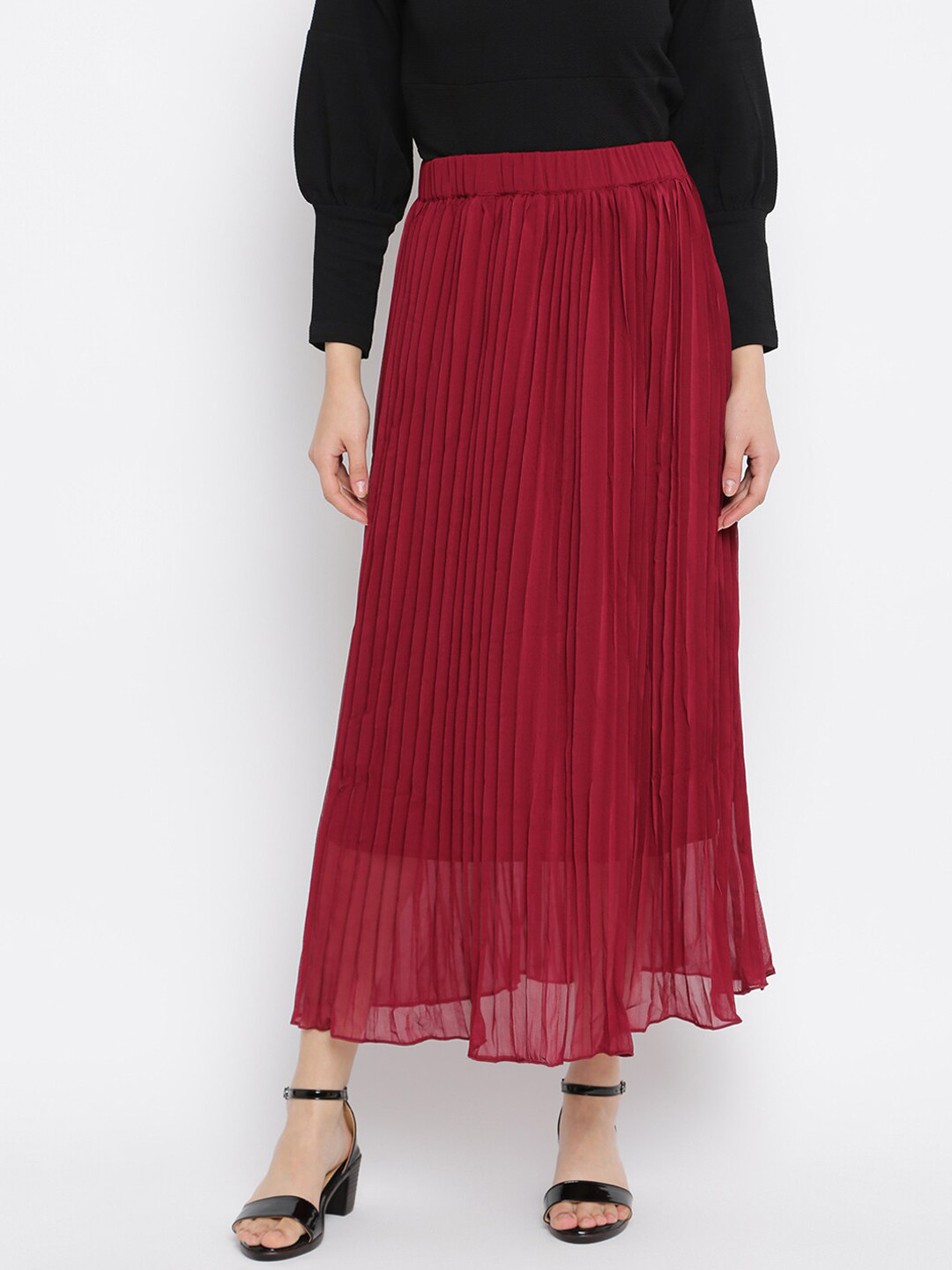 Mayra Women Red Accordion Pleated Flared Skirt