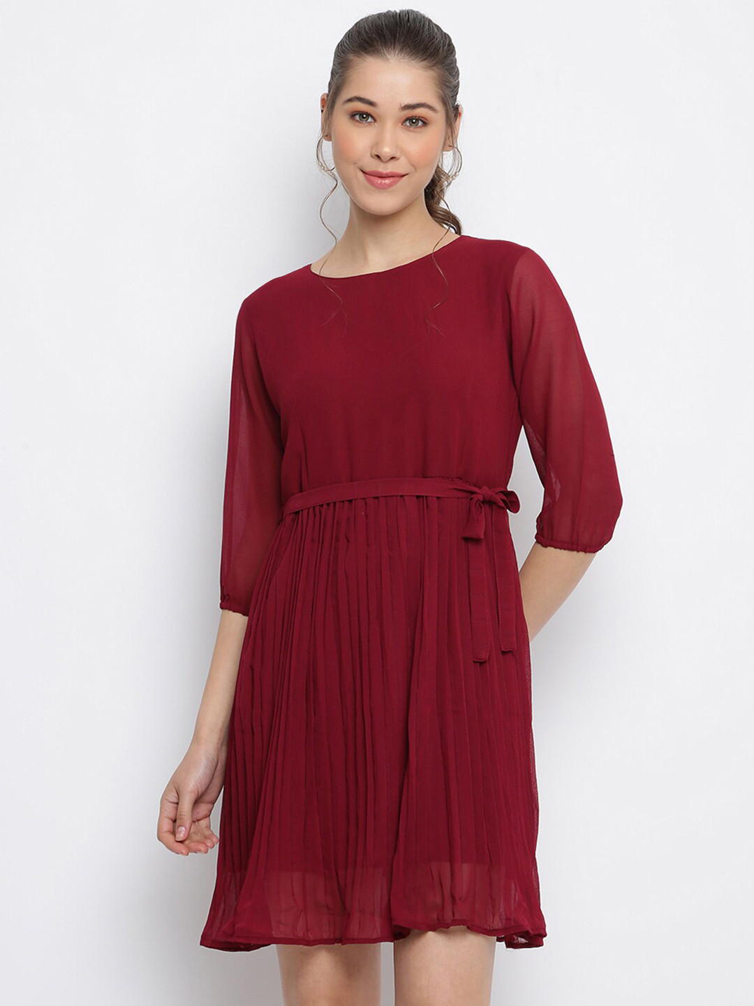 Mayra Maroon Knee Length Georgette Dress