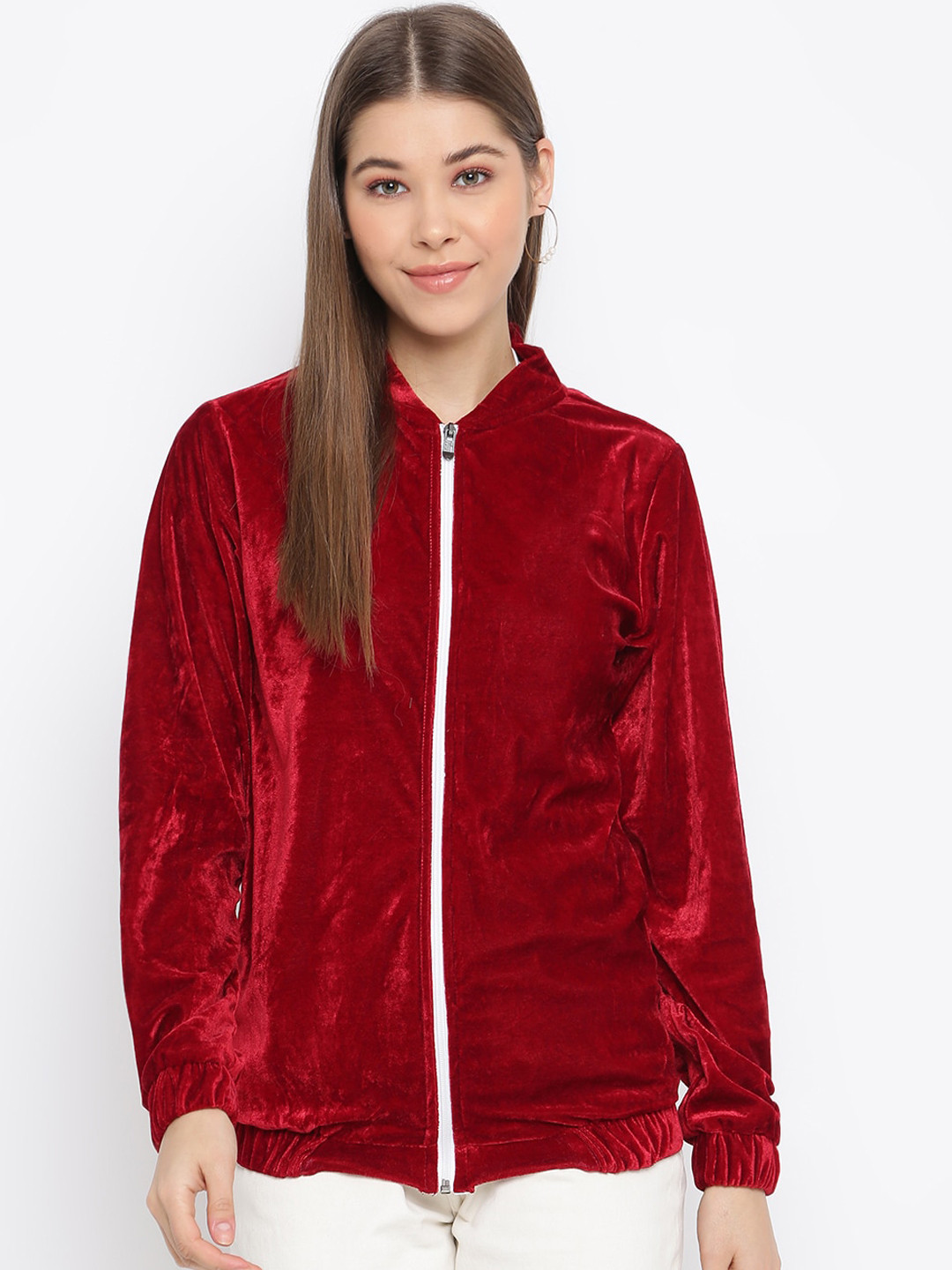 Mayra Women Maroon Solid Velvet Bomber Jacket