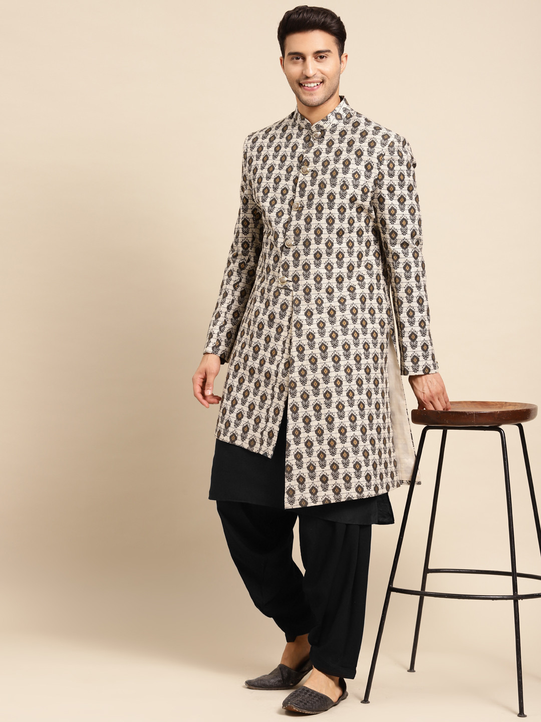 KISAH Men Black Printed Indowestern Sherwani Set