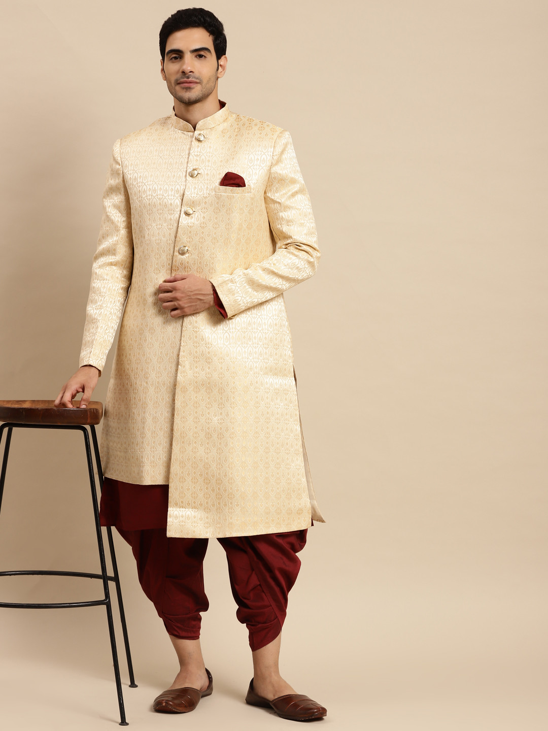 KISAH Men Cream & Maroon Woven Design Cotton Indowestern Sherwani Set
