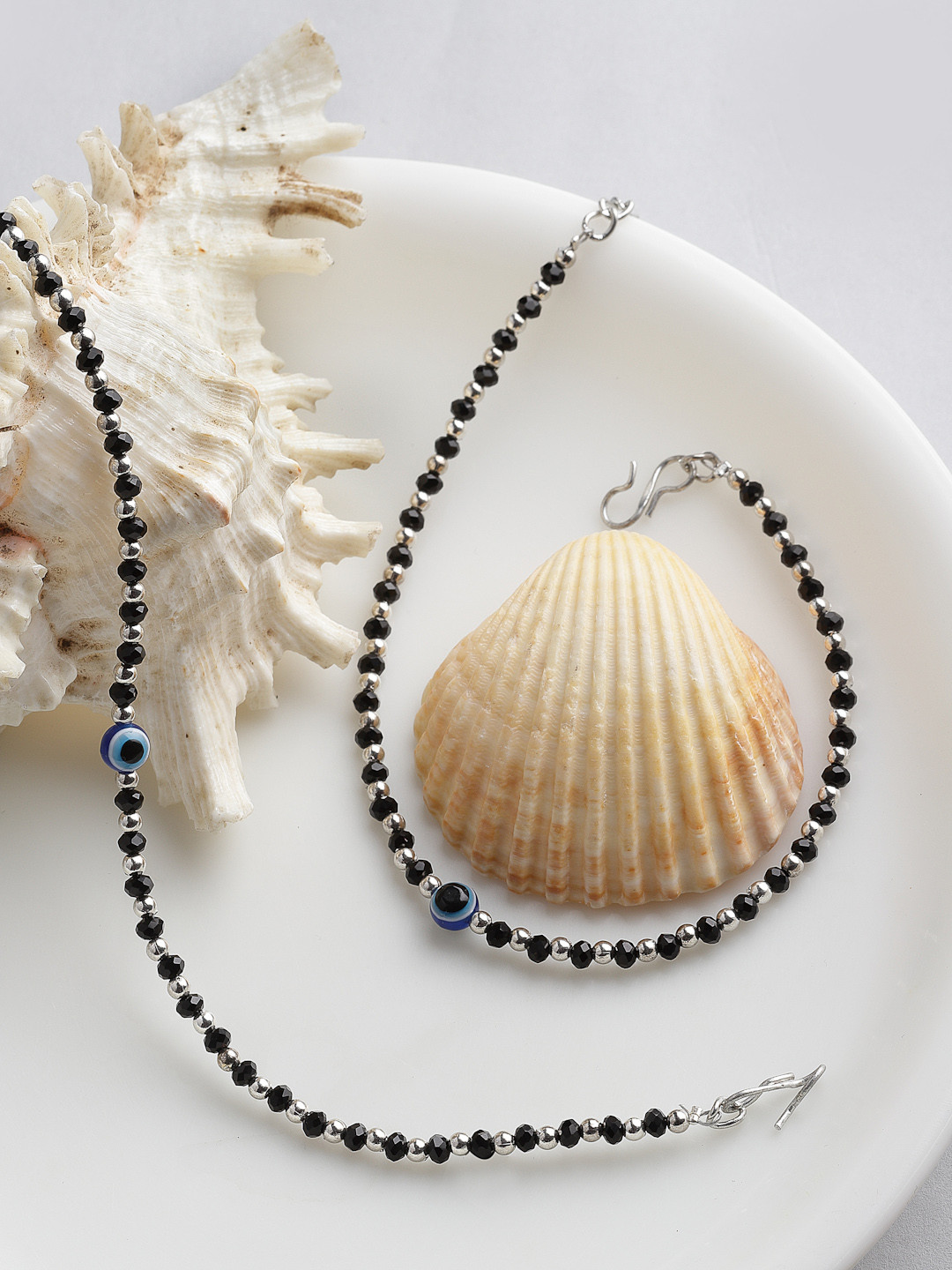 PANASH Set Of 2 Silver-Plated Black & Blue Beaded Evil Eye Handcrafted Anklets