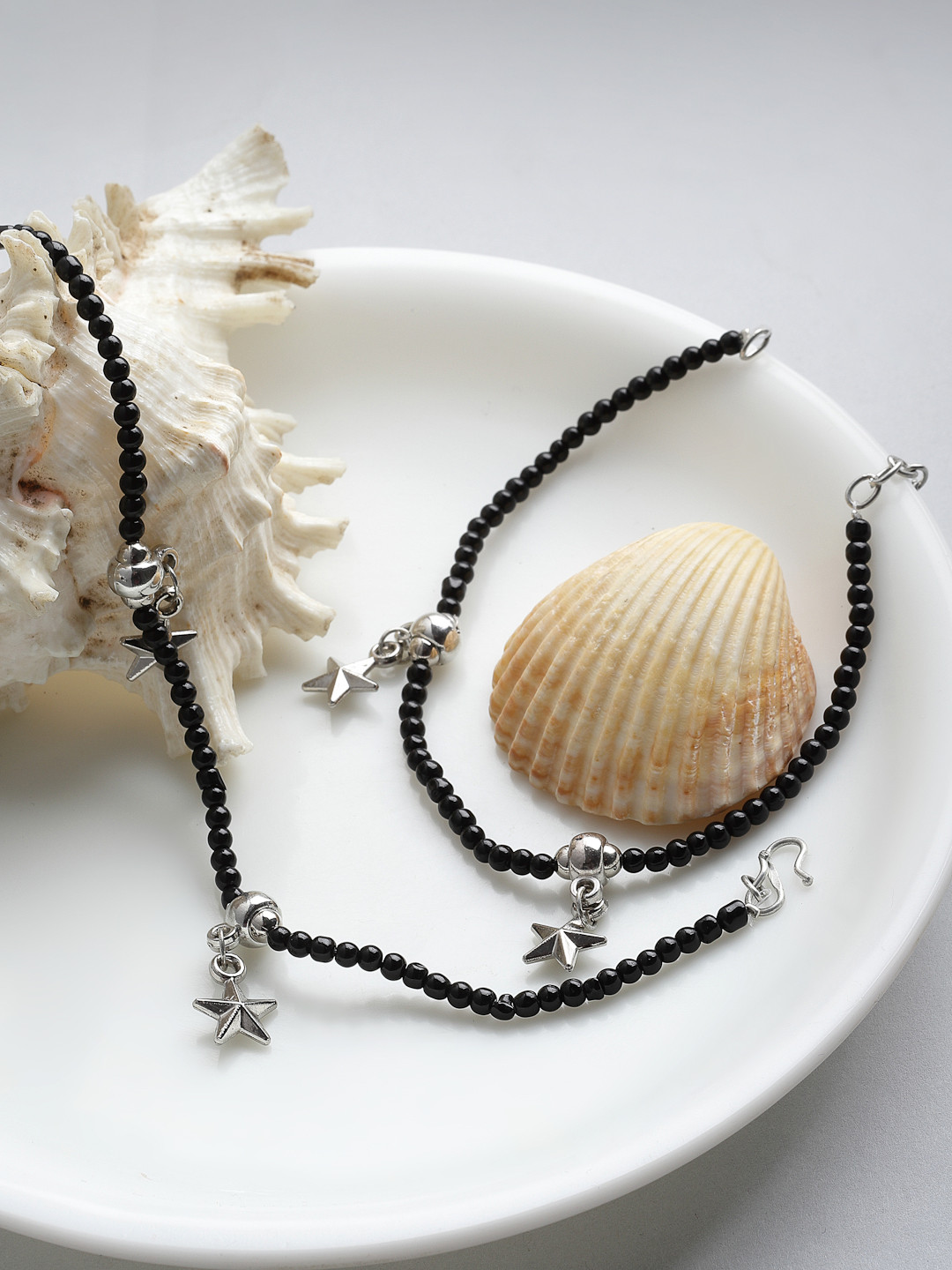 PANASH Set Of 2 Oxidized Silver-Plated Black Beaded Star Shaped Handcrafted Anklets