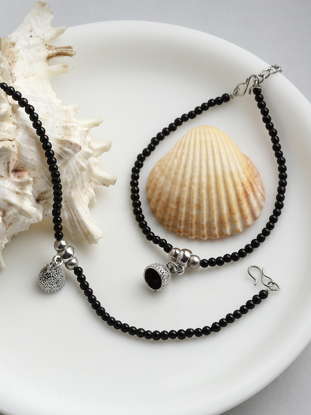 PANASH Set Of 2 Oxidized Silver-Plated Black Beaded Handcrafted Anklets