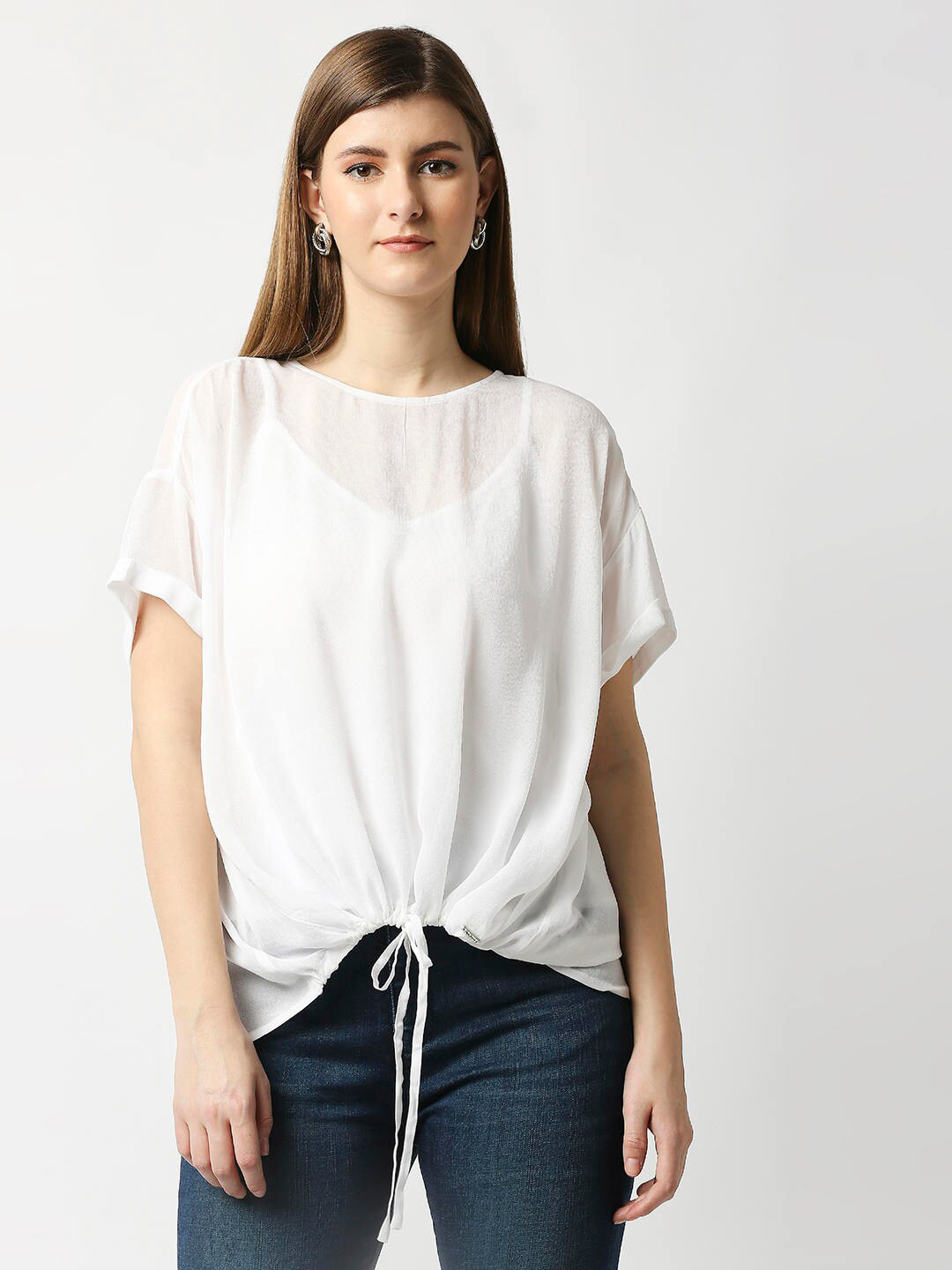 Pepe Jeans White Solid Front Hem Tie Up And Overlap On The Back Details Top