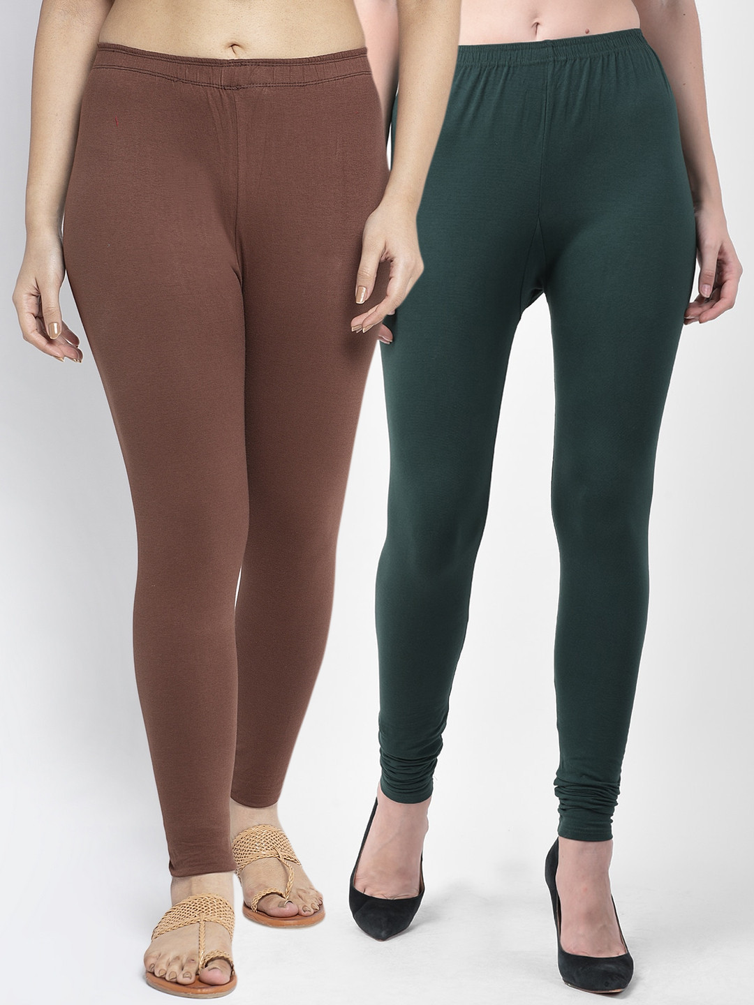 Jinfo Women Green & Brown Pack Of 2 Solid Leggings