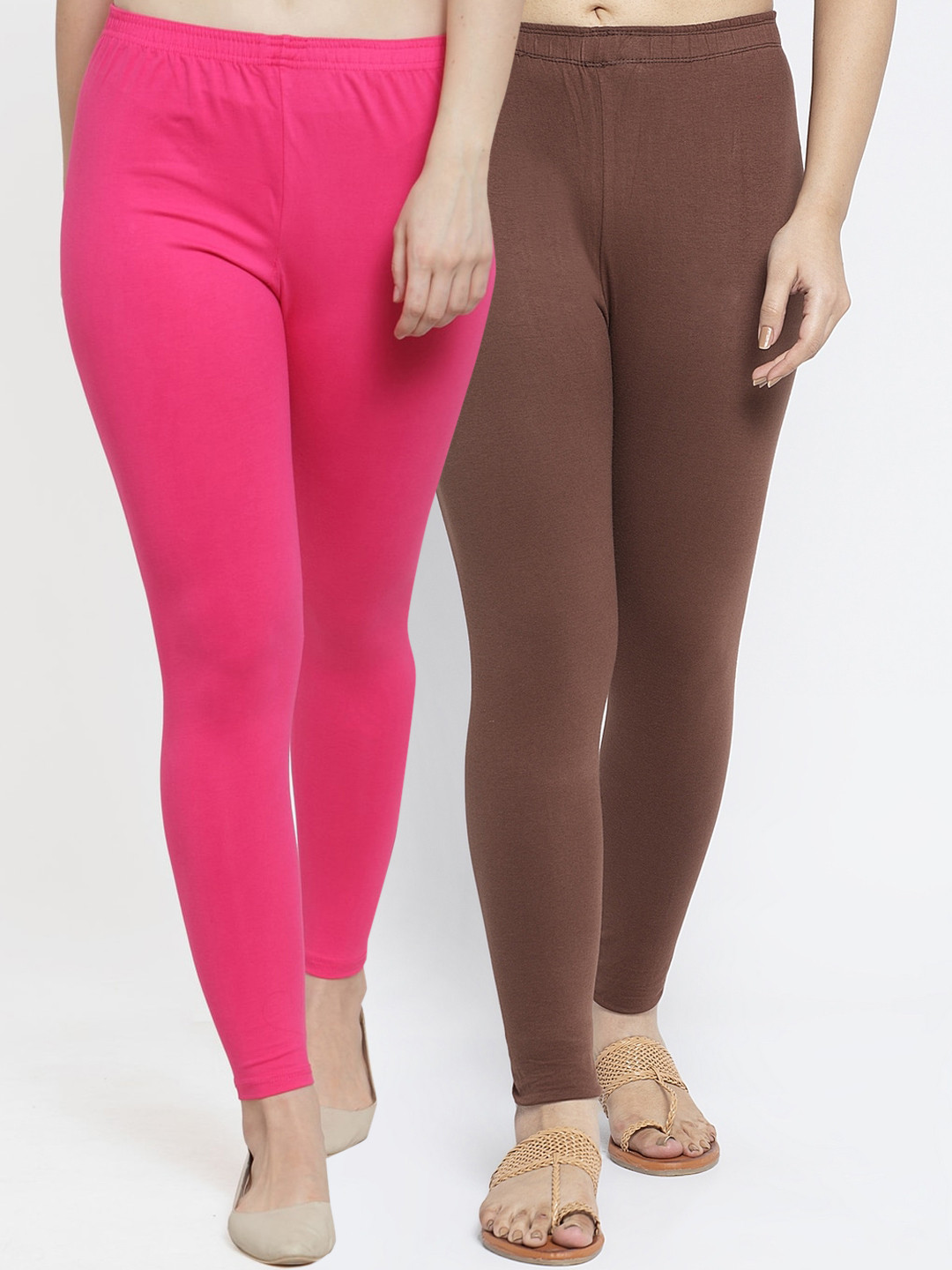 Jinfo Women Set of 2 Pink & Brown Cotton Lycra Leggings