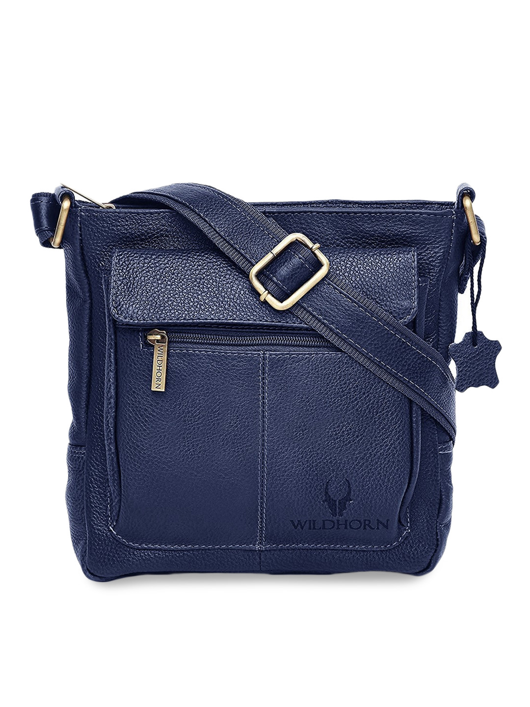 WildHorn Blue Leather Structured Sling Bag