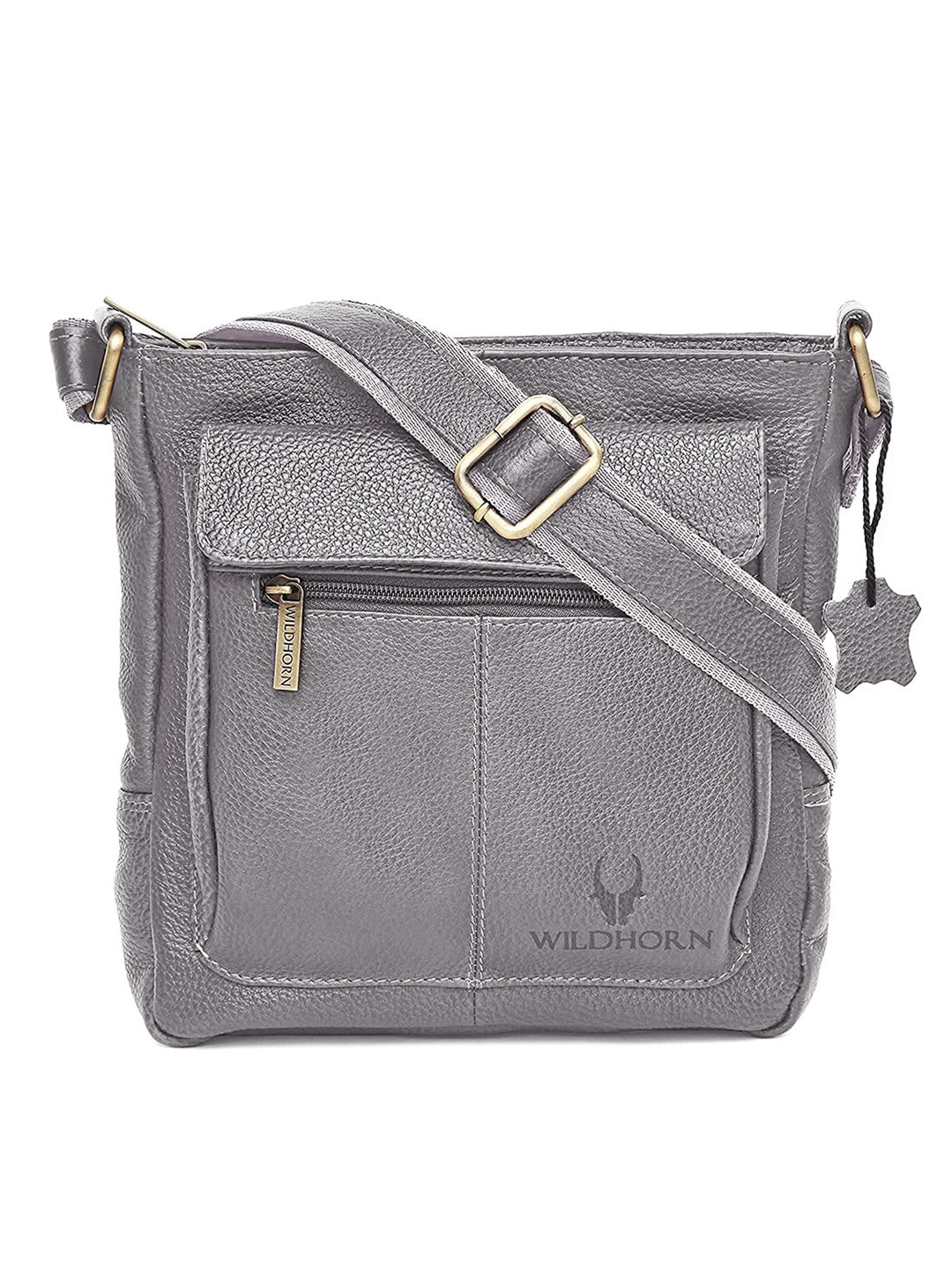 WildHorn Grey Leather Structured Sling Bag