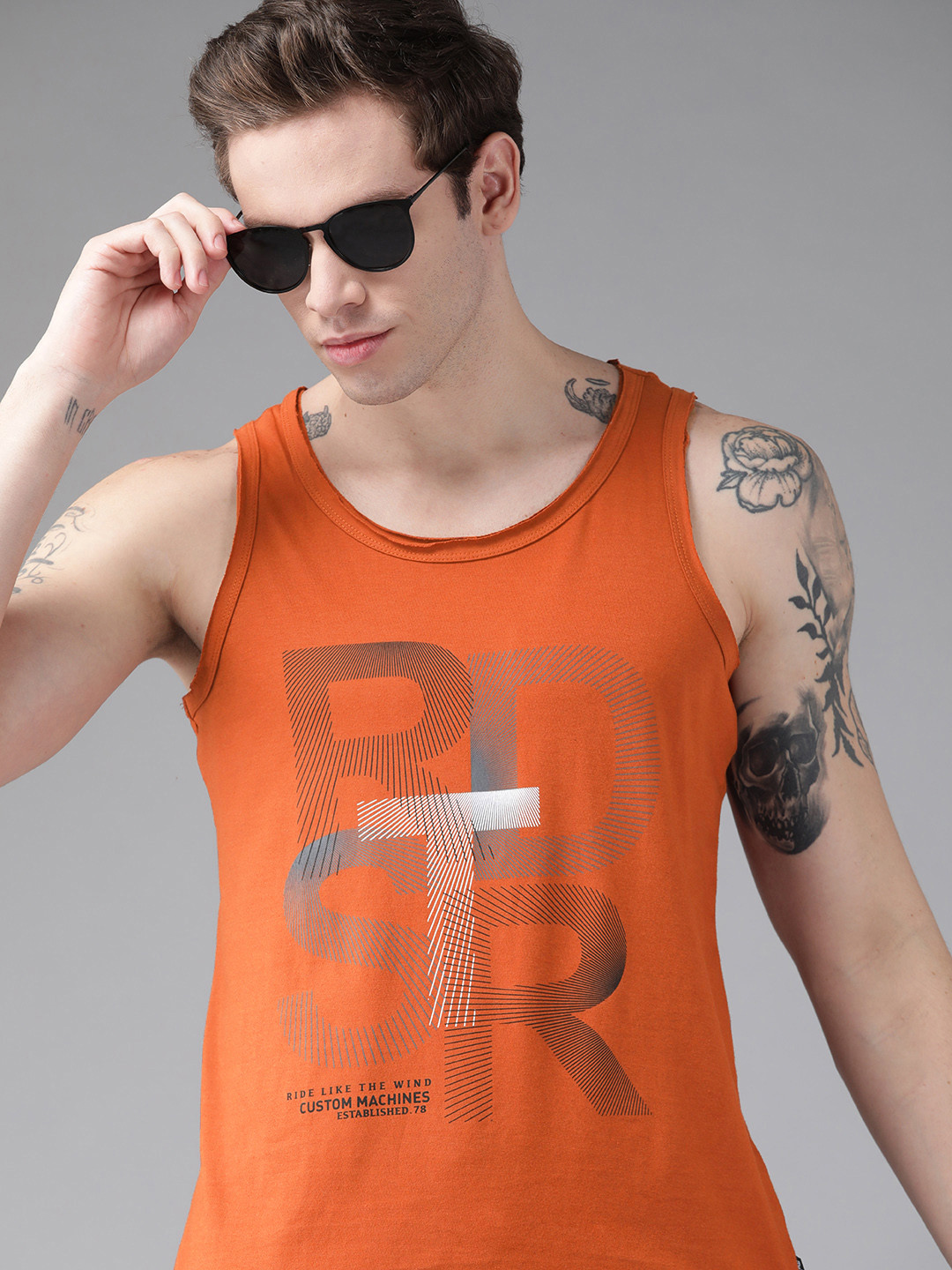 Roadster Men Rust Orange & Black Brand Logo Printed Pure Cotton T-shirt