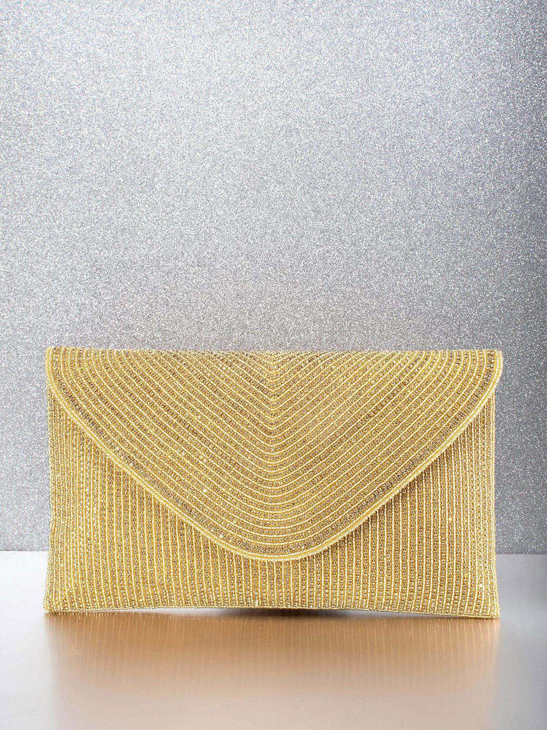 Peora Women Gold-Toned Embellished Envelop Clutch