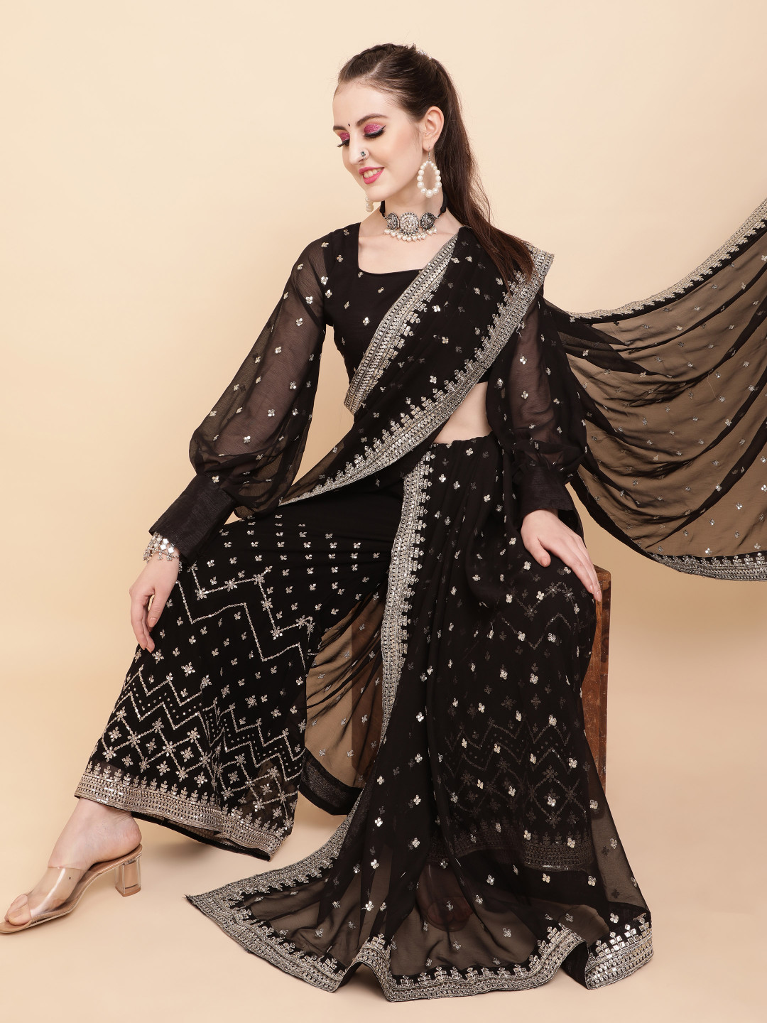 Sangria Black & White Embellished Sequinned Pure Georgette Palazoo Saree