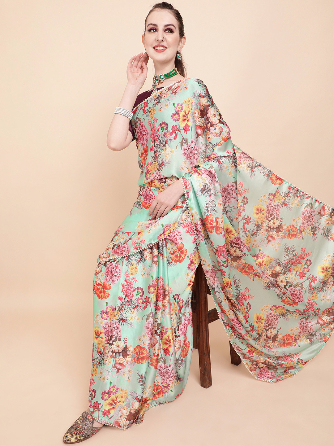 Sangria Sea Green & Pink Floral Printed Beads and Stones Satin Saree