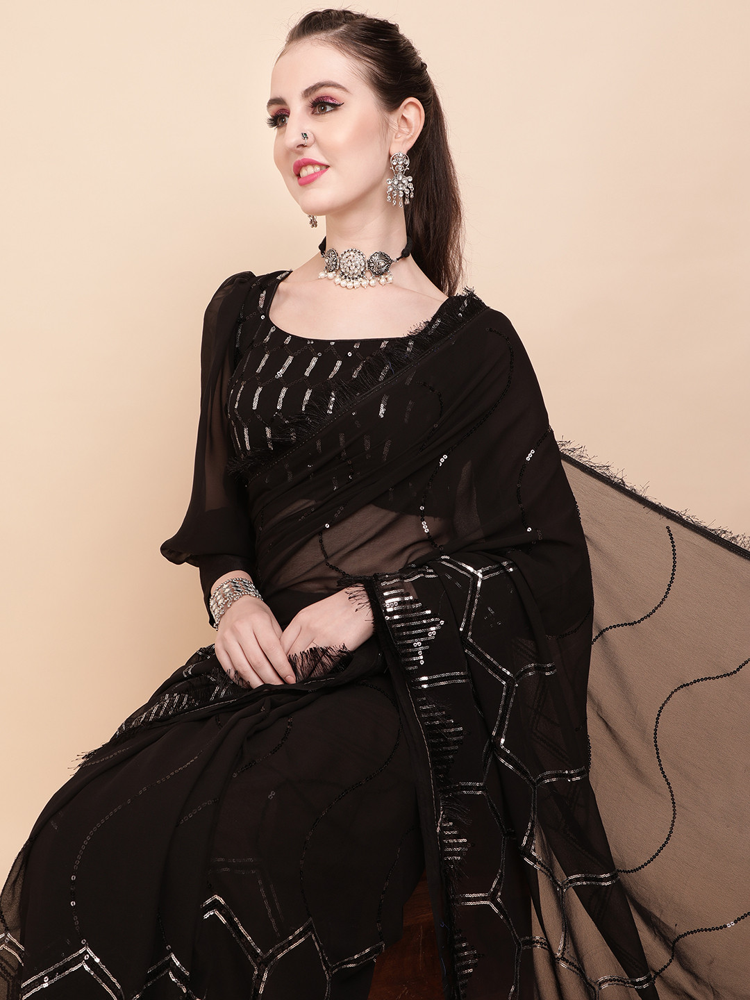 Sangria Black & White Embellished Sequinned Pure Georgette Saree
