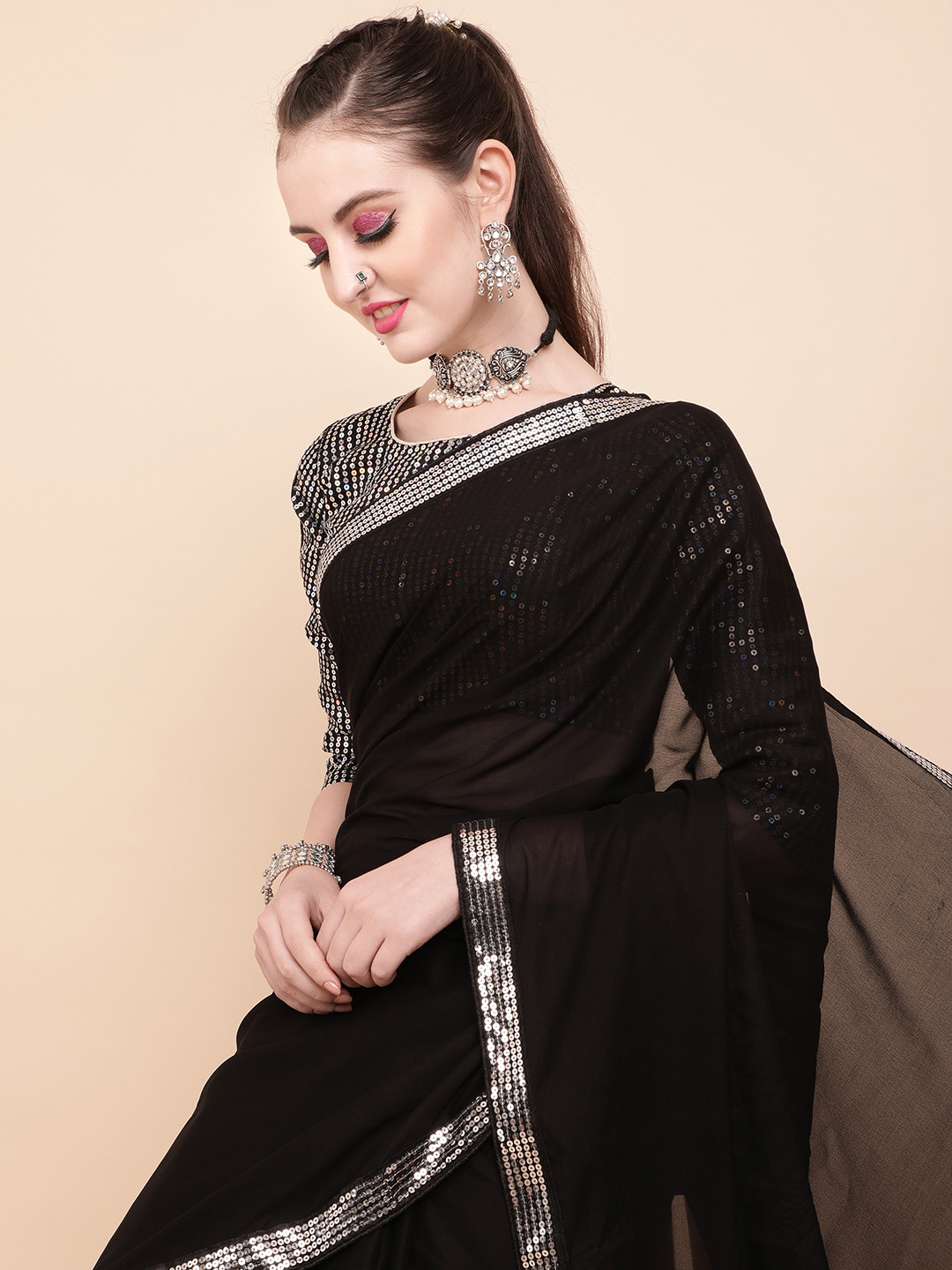 Sangria Black & Silver-Toned Sequinned Pure Georgette Celebrity Saree