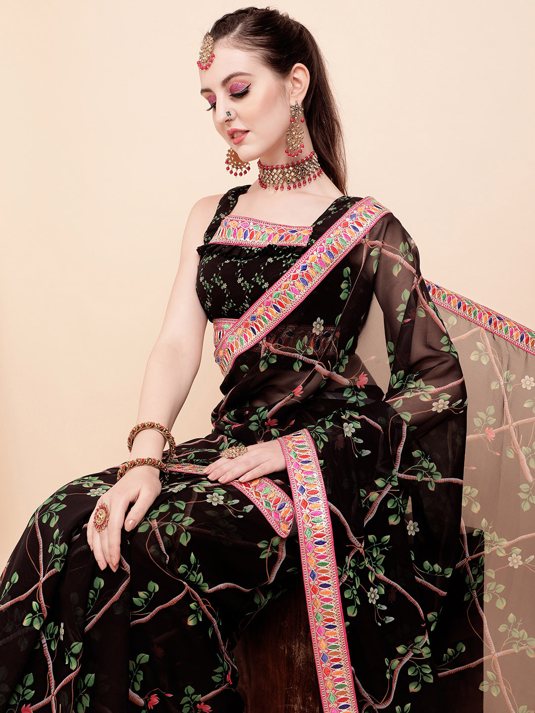 Sangria Black & Pink Floral Printed Pure Georgette Celebrity Saree