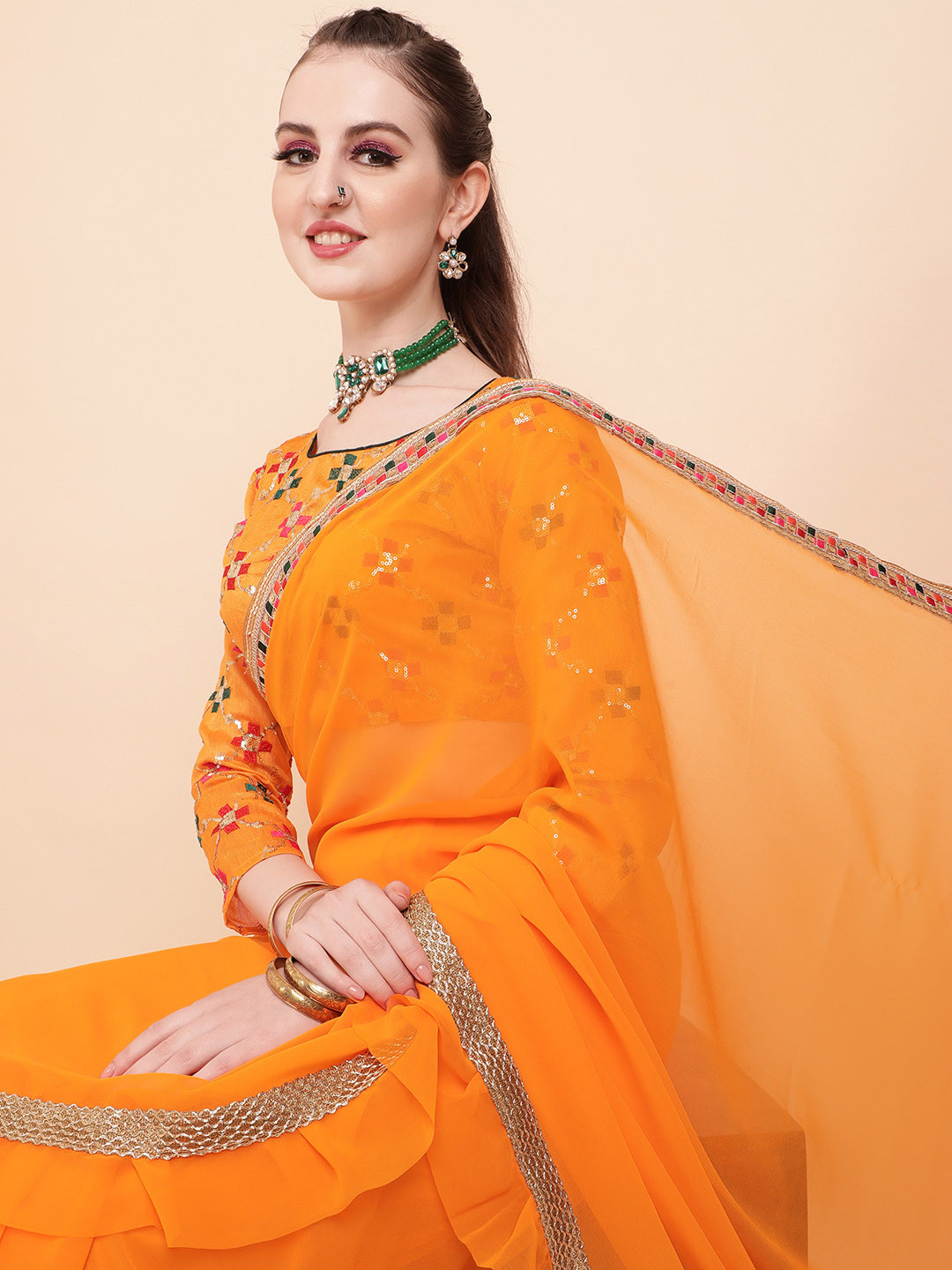 Sangria Mustard & Pink Kutchi Embroidery Pure Georgette Ruffled Saree