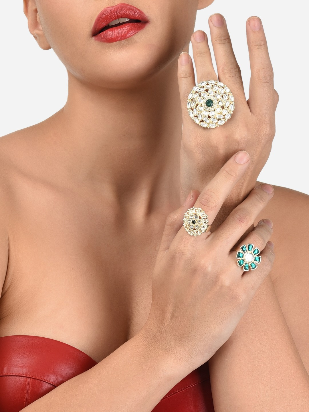 Zaveri Pearls Set of 3 Gold-Plated Green & White Stone Studded Adjustable Finger Rings