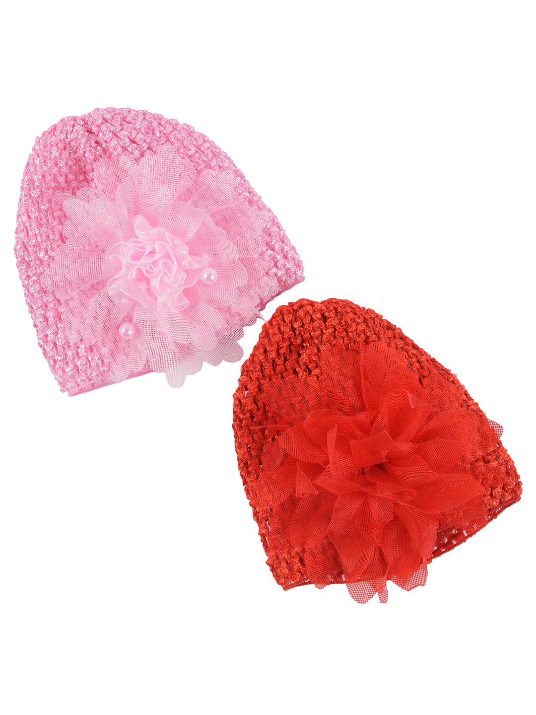 Yellow Bee Girls Red & Pink Set of 2 Flower Crochet Hairband