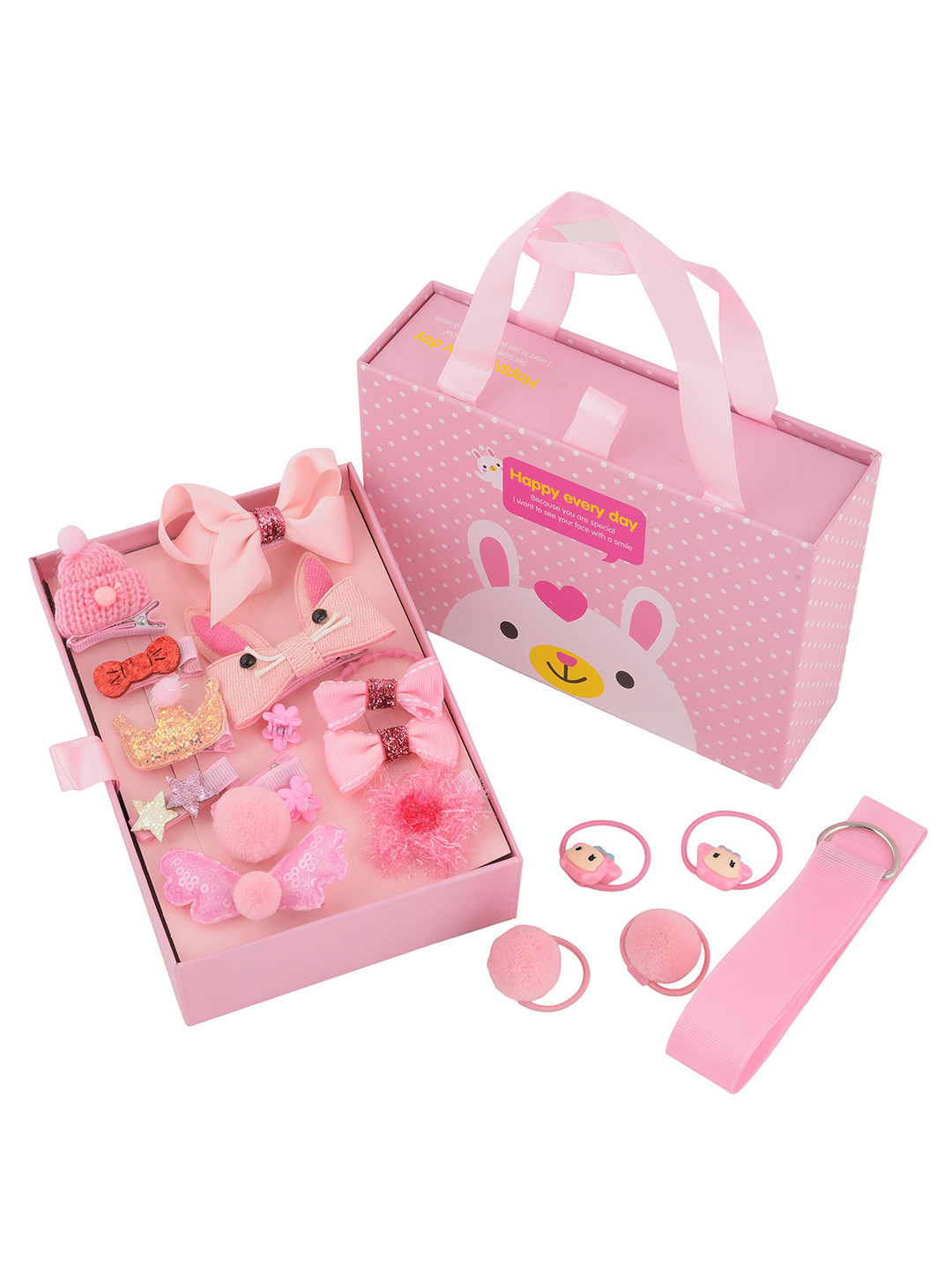 Yellow Bee Girls Pink & Yellow Set Of 18 Embellished Hair Accessory Set of