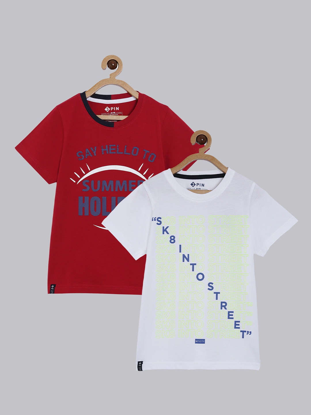 3PIN Boys Pack of 2 Red & White Printed Cotton T-shirts