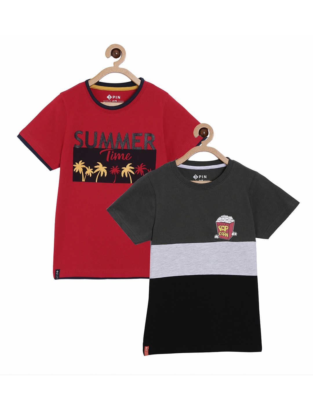 3PIN Boys Pack of 2 Red & Charcoal Grey Printed T-shirt