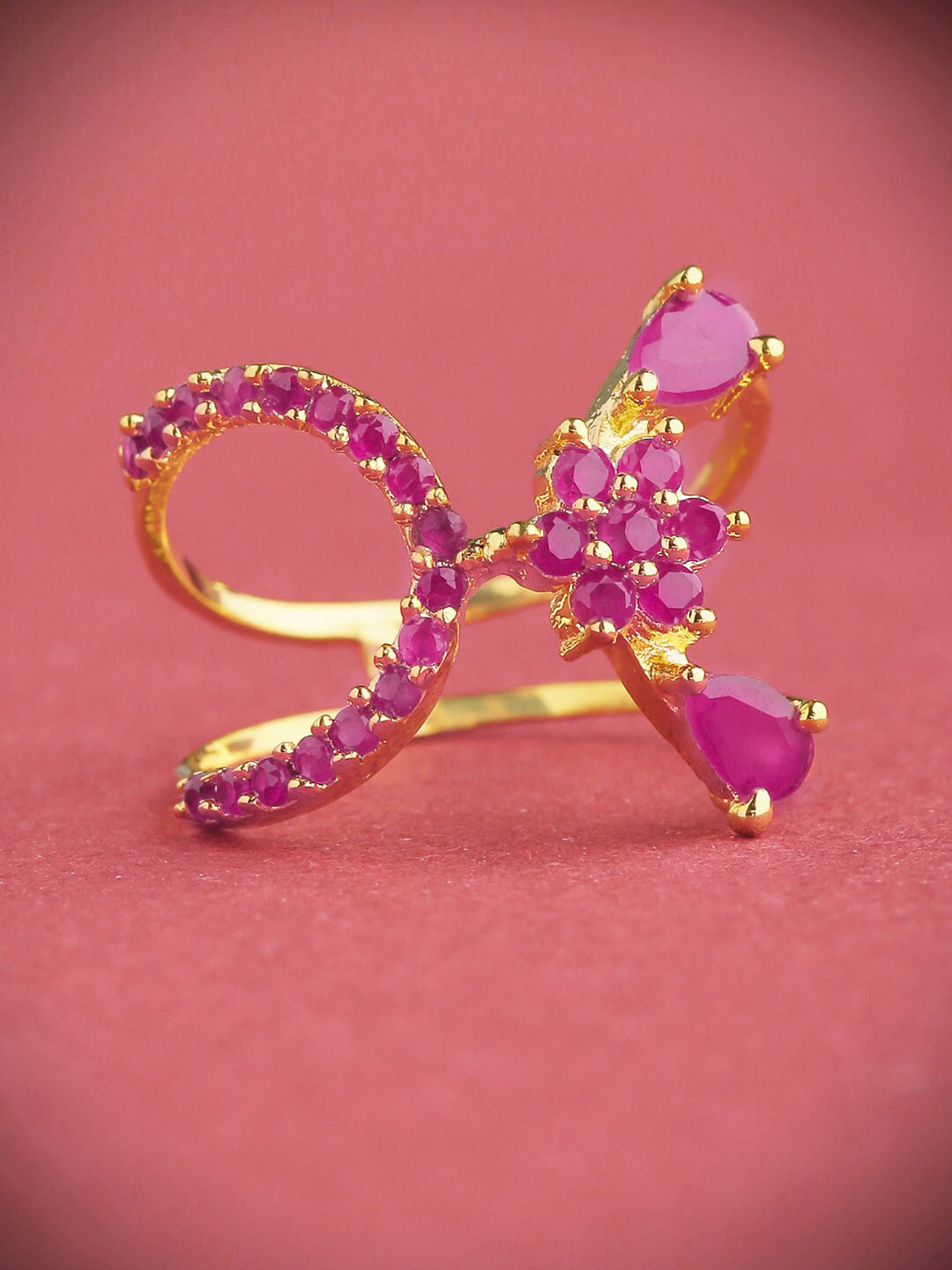 Priyaasi Gold-Plated Magenta Ruby Stone-Studded Finger Ring