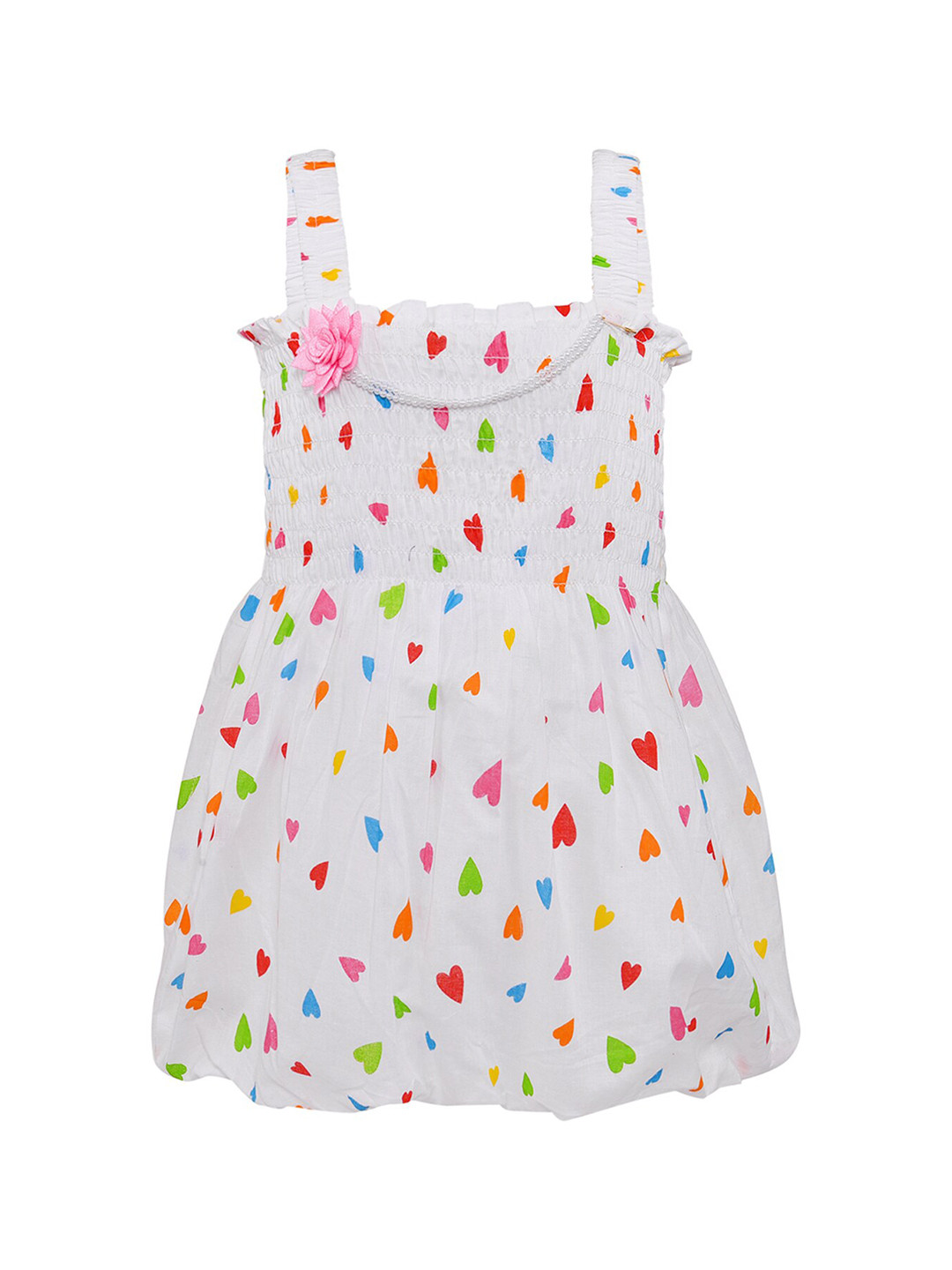 Wish Karo Girls White & Pink Printed Strappy Cotton Dress