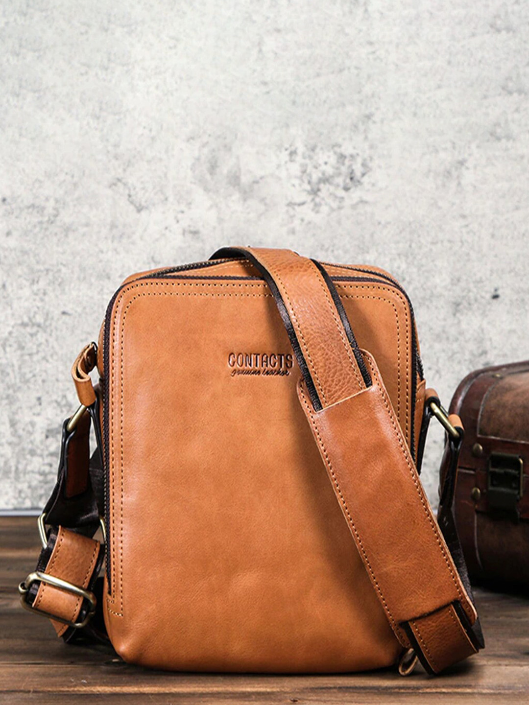 CONTACTS Men Tan Genuine Leather Messenger Bag