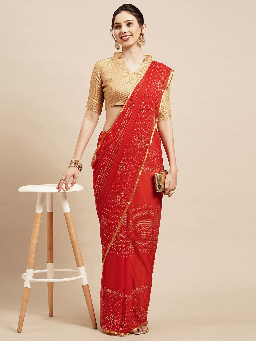 Saree mall Red & Gold-Toned Embellished Beads and Stones Sarees