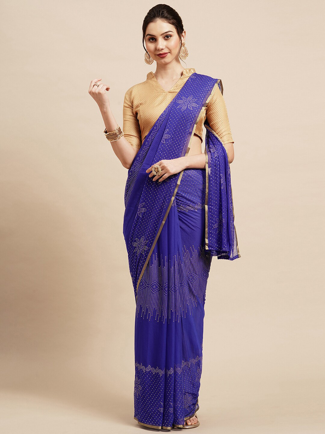 Saree mall Blue & Gold-Toned Floral Poly Chiffon Saree