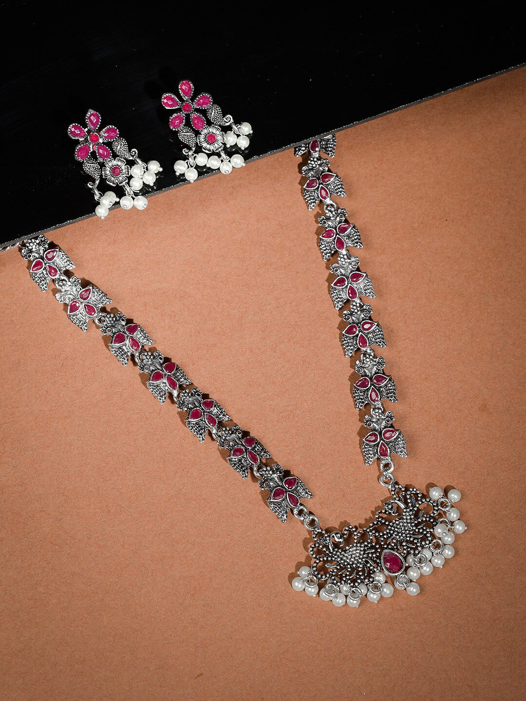 Silvermerc Silver Pink Stone Studded Silver Plated Oxidised Jewellery Set