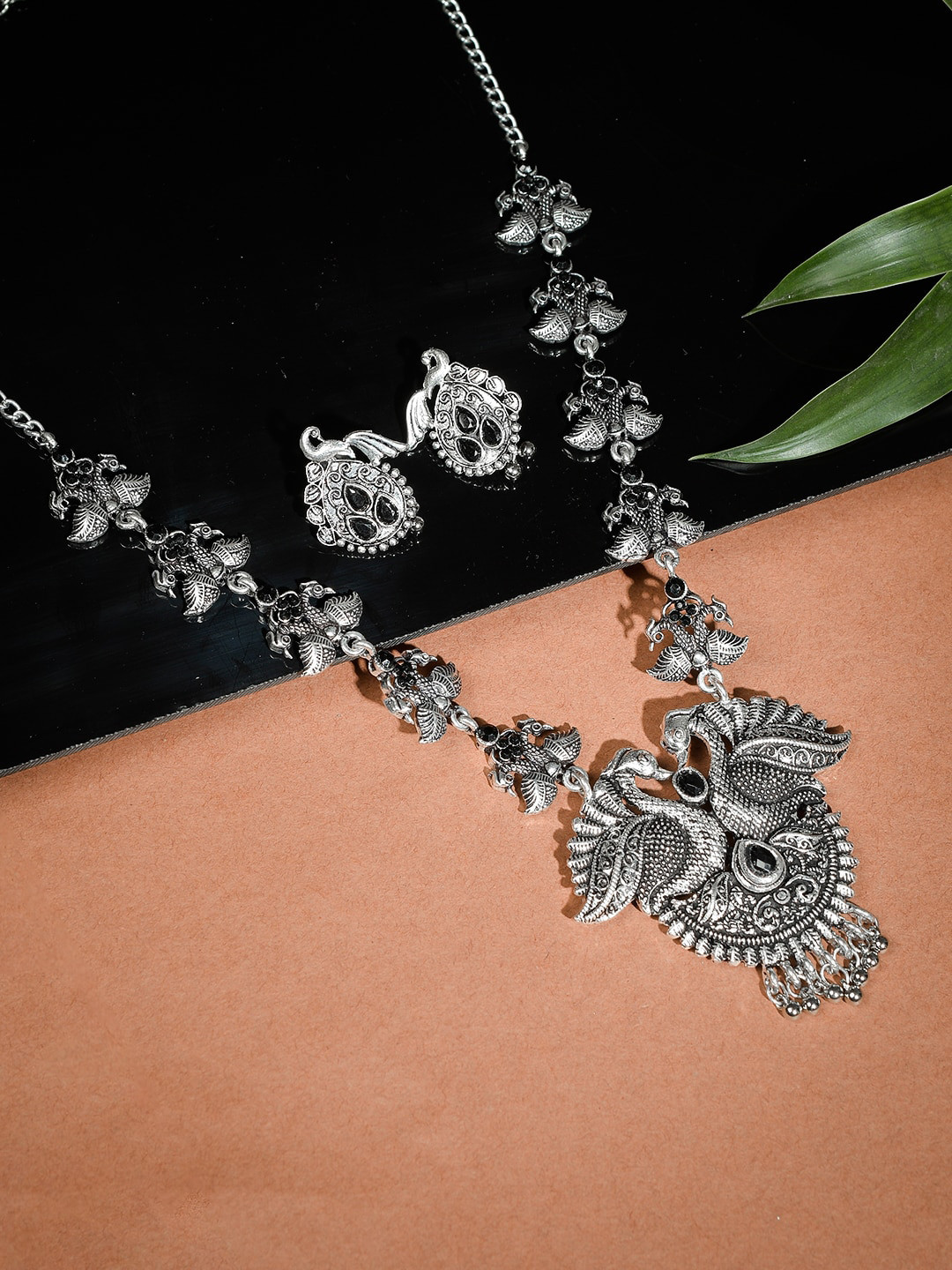 Silvermerc Designs Oxidised Silver-Plated & Stone-Studded Peacock Jewellery Set