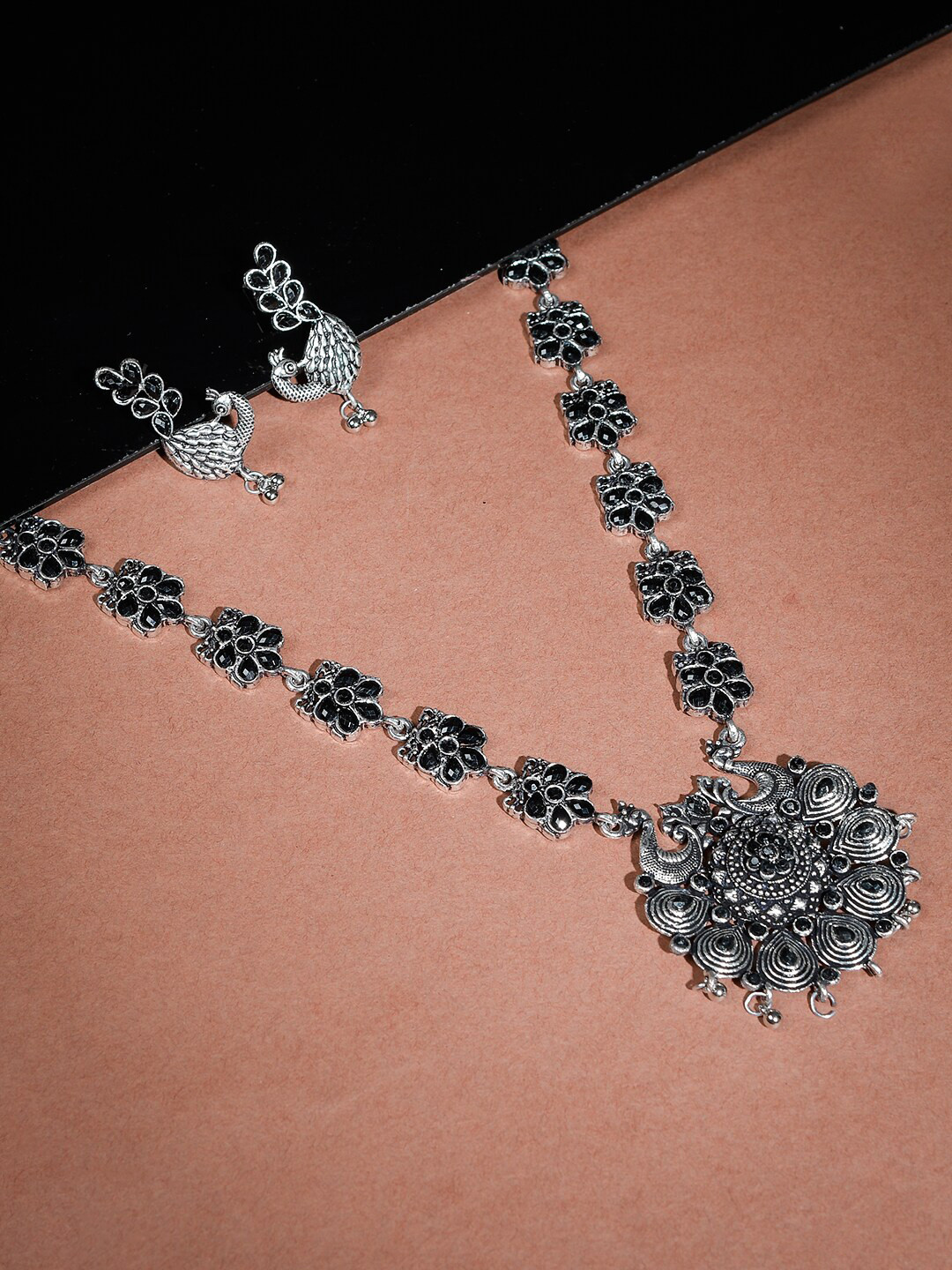 Silvermerc Designs Oxidised Silver-Plated Black Stone-Studded Jewellery Set