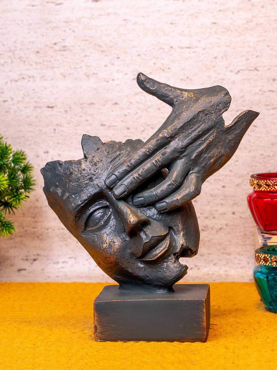 TIED RIBBONS Human Face Brown Polyresin Natural Living Room Medium Showpiece - 8.3 Inches