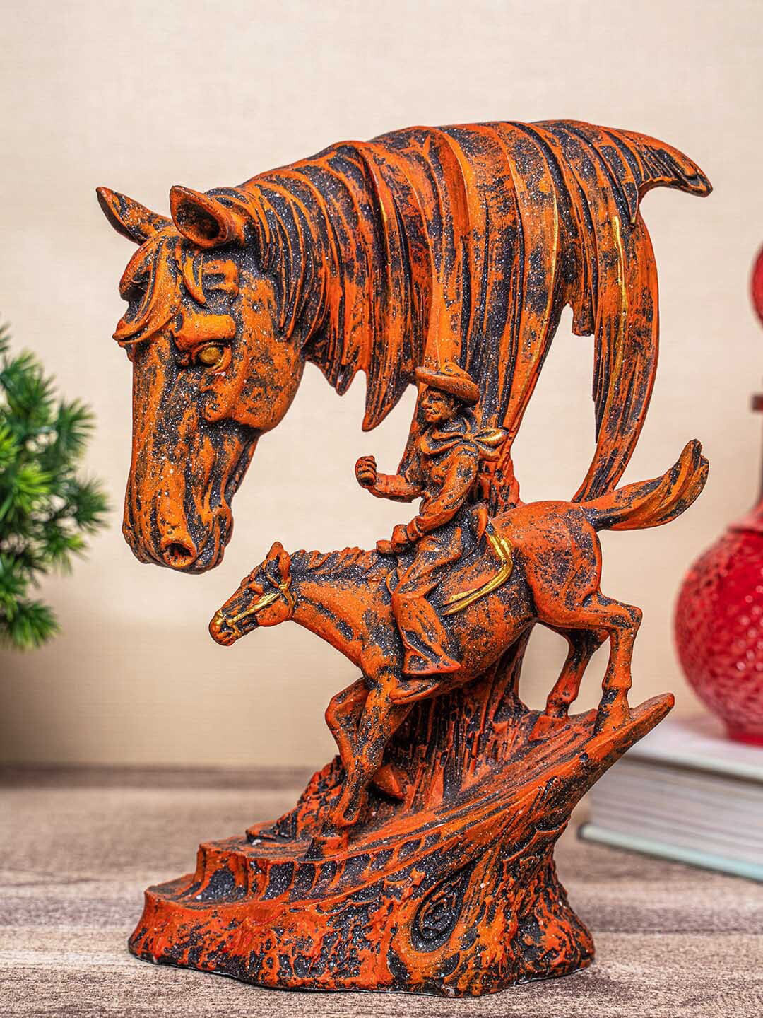 TIED RIBBONS Horse Orange Polyresin Natural Living Room Medium Showpiece - 9 Inches