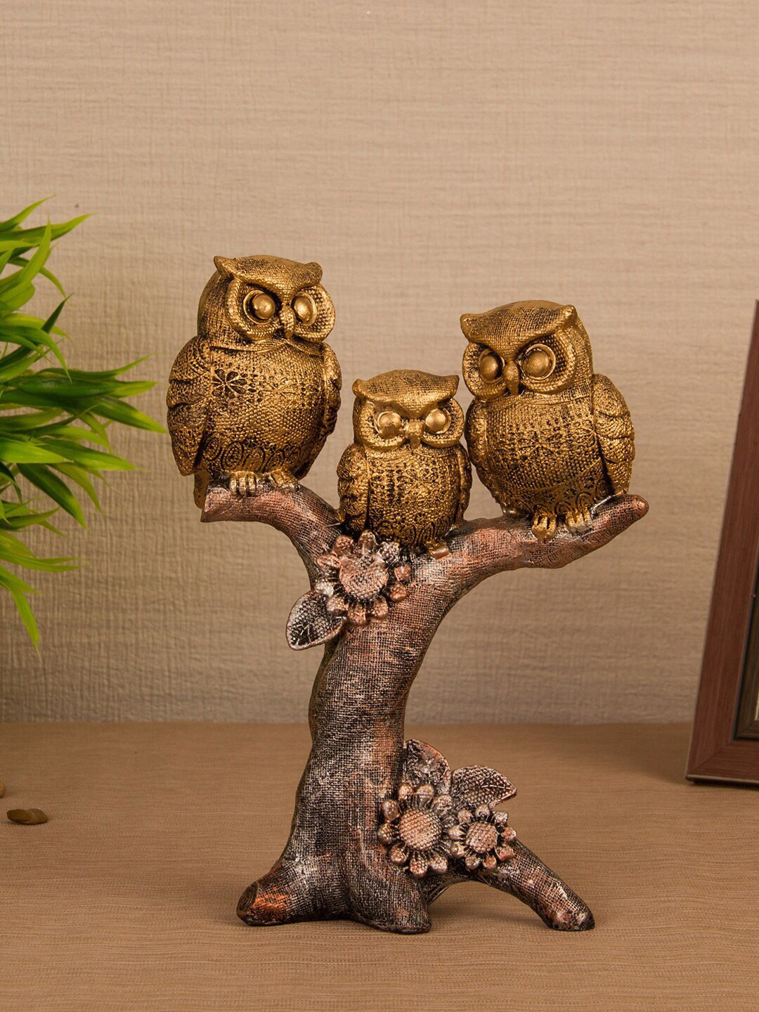 TIED RIBBONS Owls On Tree Gold Polyresin Glossy Living Room Medium Showpiece - 9.3 Inches