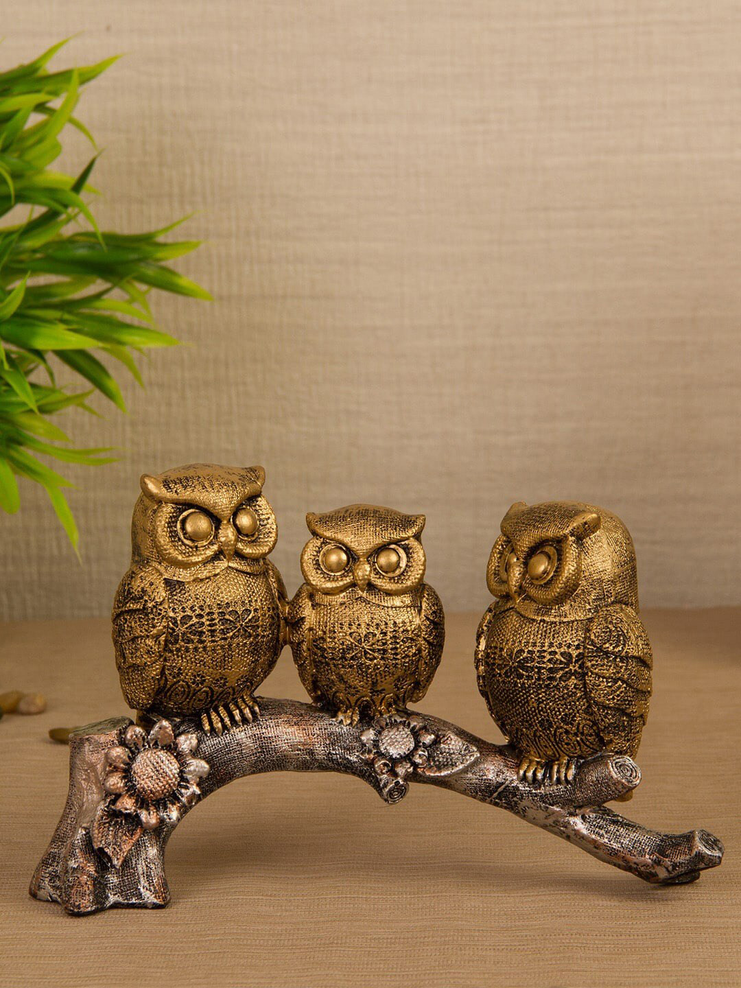 TIED RIBBONS Owl on Tree Metallic Polyresin Matte Living Room Medium Showpiece - 5.9 Inches