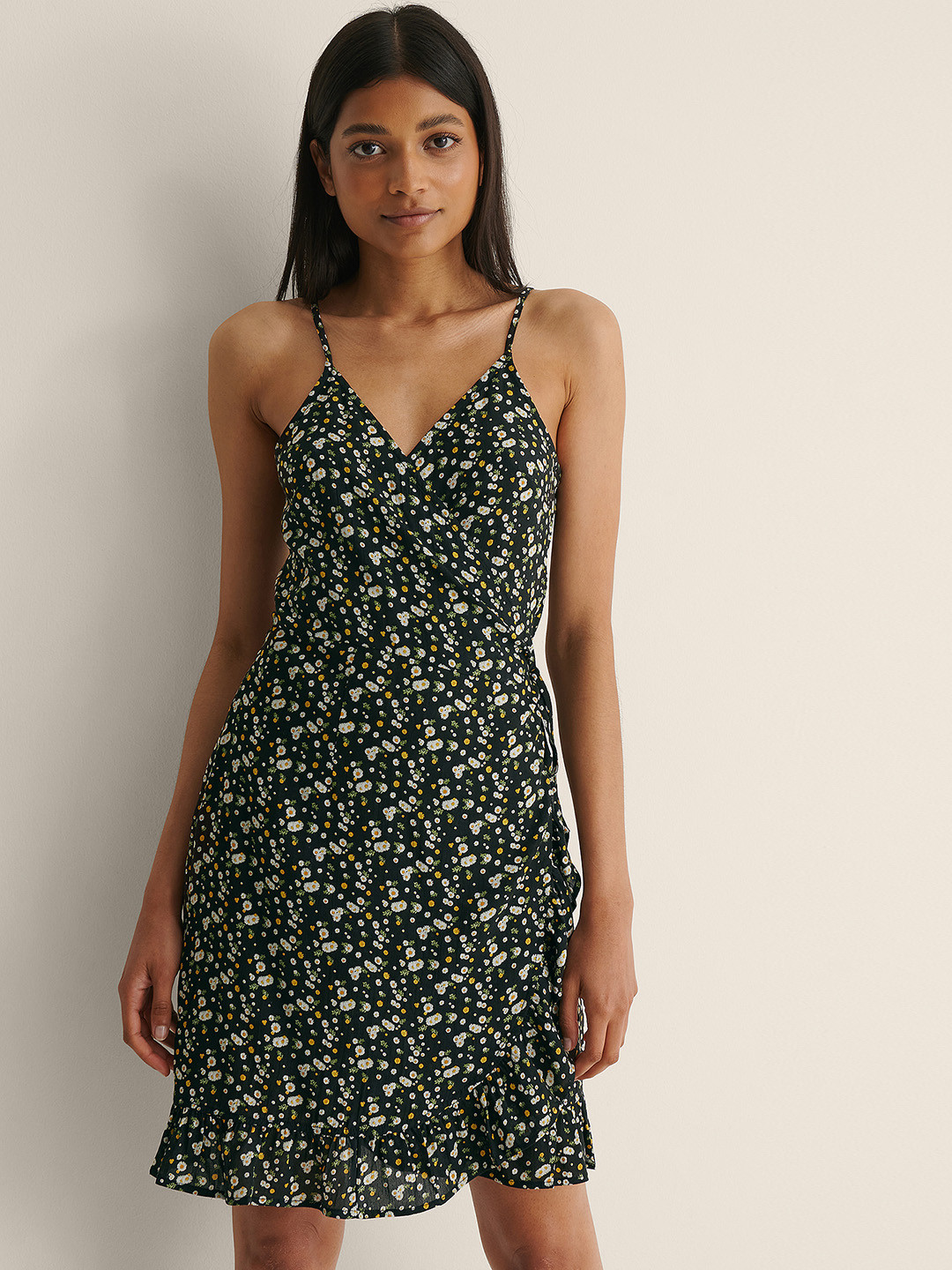 NA-KD Black Floral Print Mini Wrap Dress