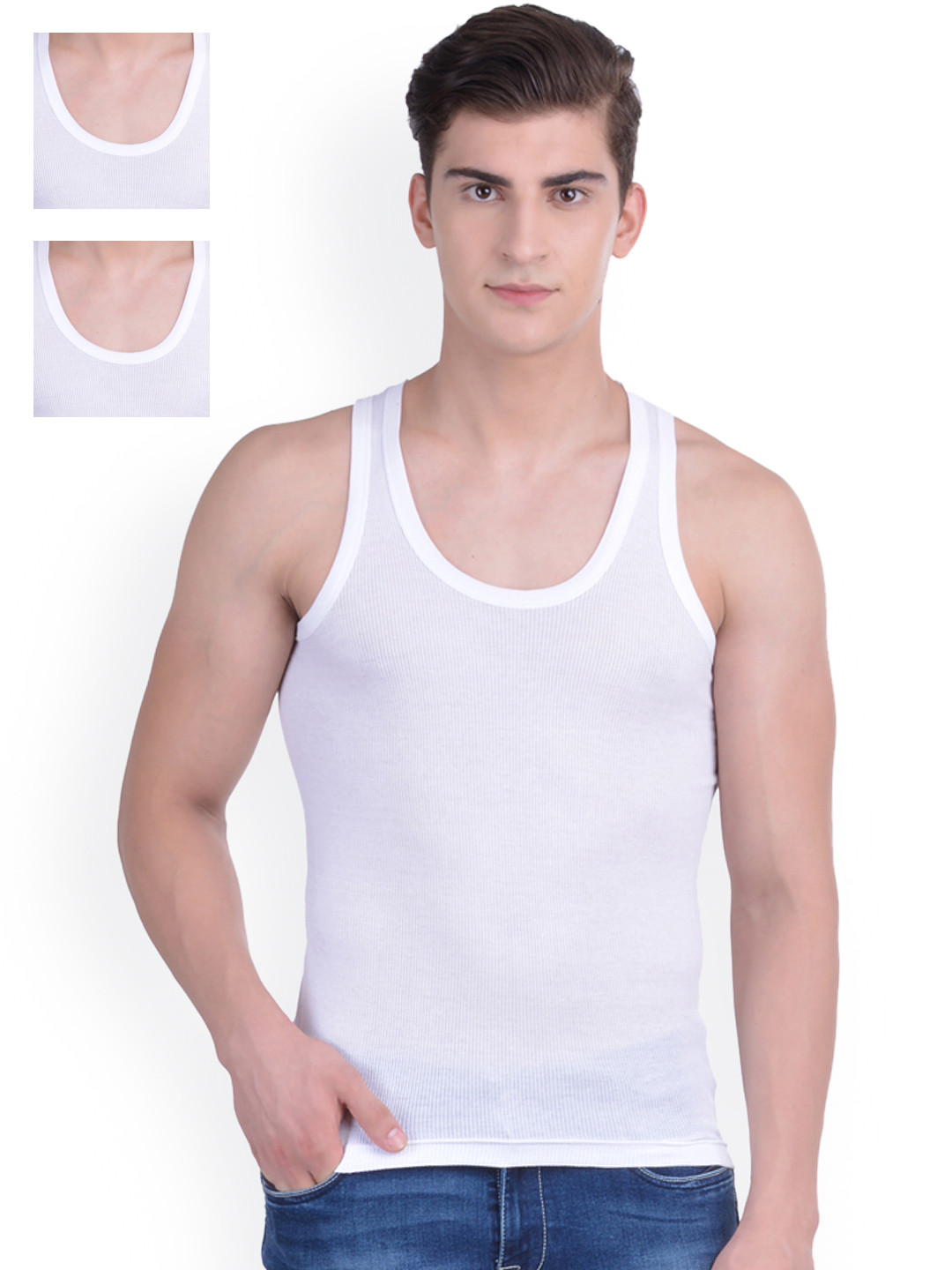 Dollar Bigboss Men Solid Pack of 3 White Cotton Stretch Rib Regular Fit Casual Vest