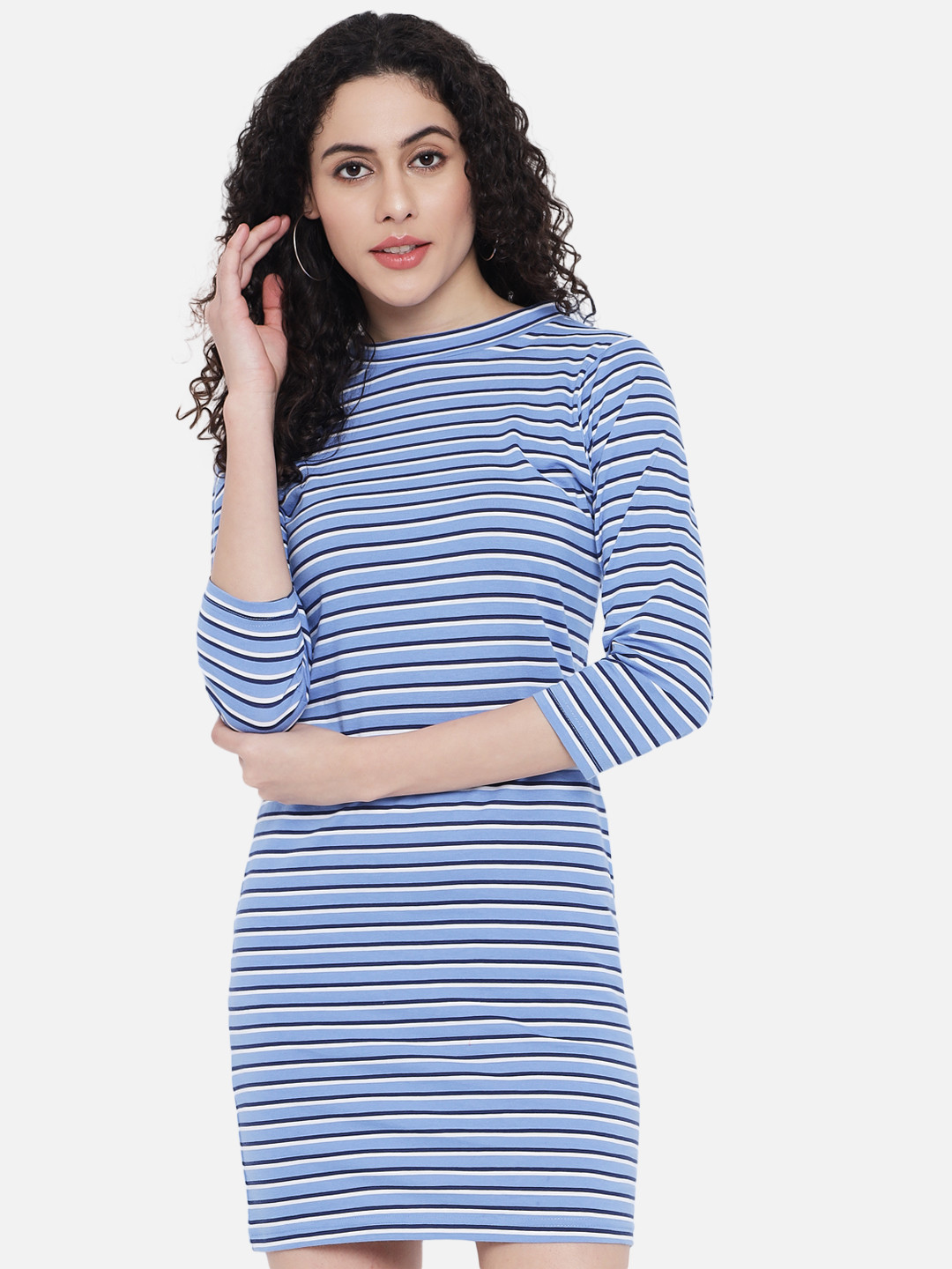 Trend Arrest Women Blue & White Striped Mini Bodycon Cotton Dress