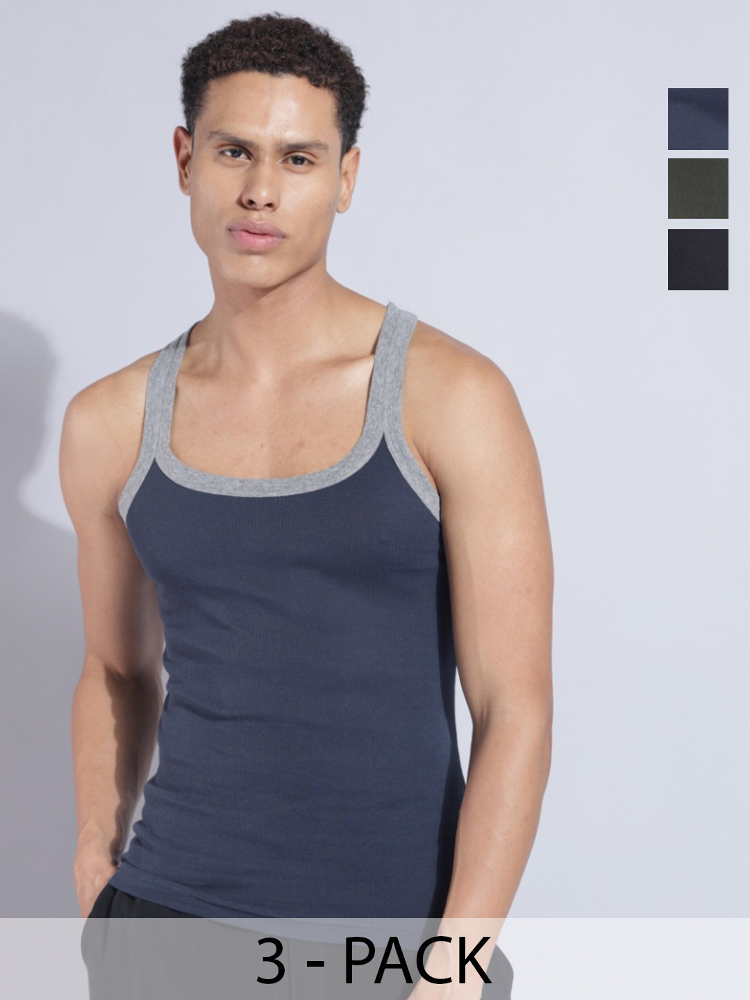 Dollar Bigboss Men Solid Pack of 3 Cotton Racerback Styled Gym Vest
