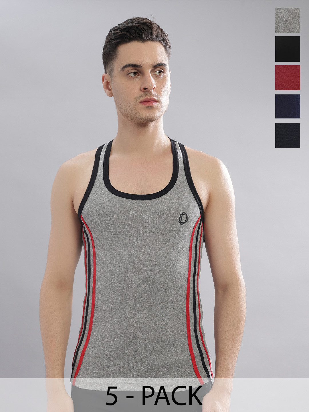 Dollar Bigboss Men Solid Pack of 5 Cotton Racerback Styled Gym Vest
