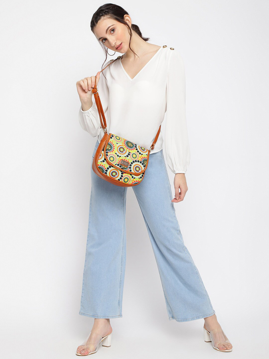 KLEIO Tan & Fluorescent Green Floral Printed Canvas Structured Sling Bag