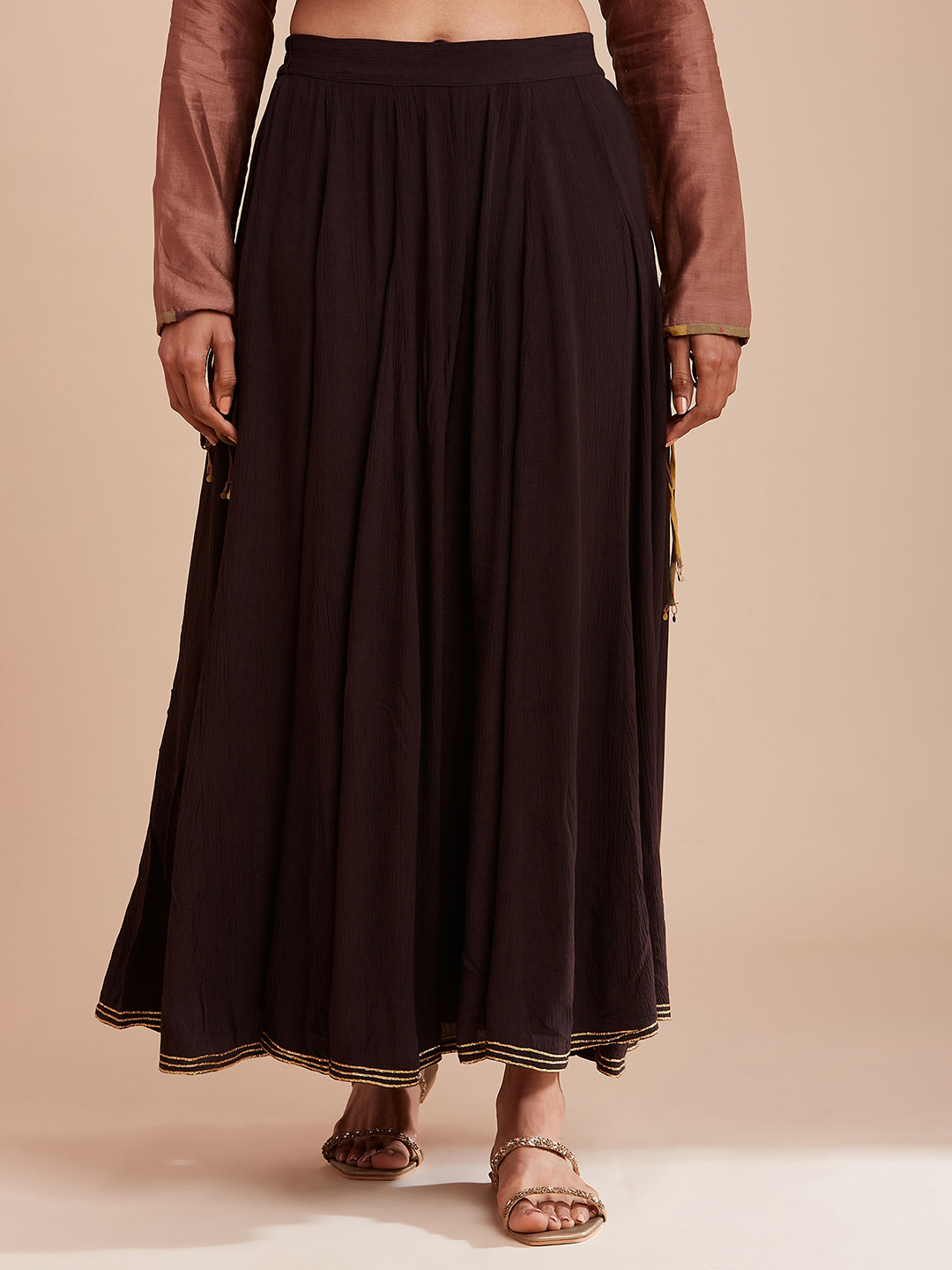 Folk Song  Folksong Collection Women Brown Solid Crinkled Divided Skirt