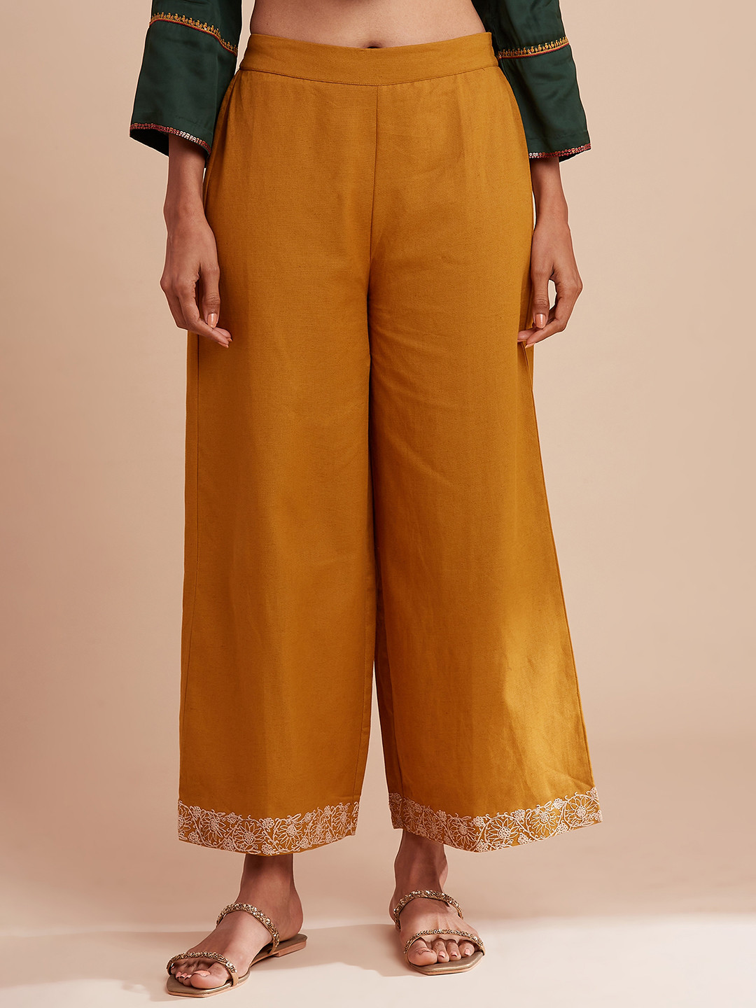 Folk Song  Folksong Collection Women Mustard Yellow Solid Cotton Trousers