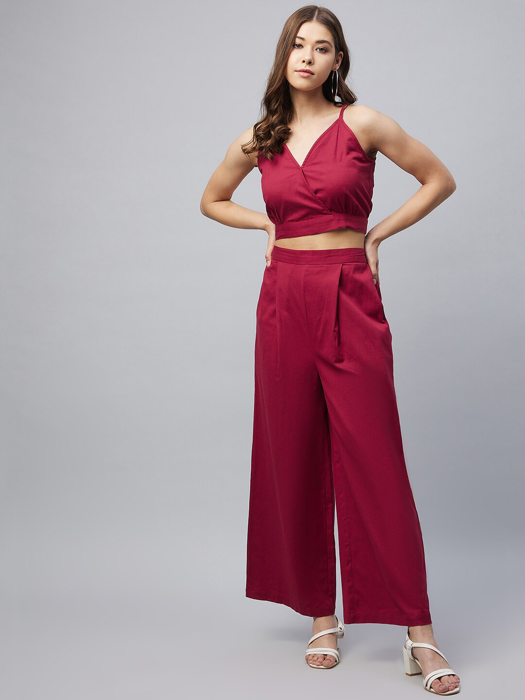 StyleStone Women Cotton Linen Maroon Crop Top & Palazzo set