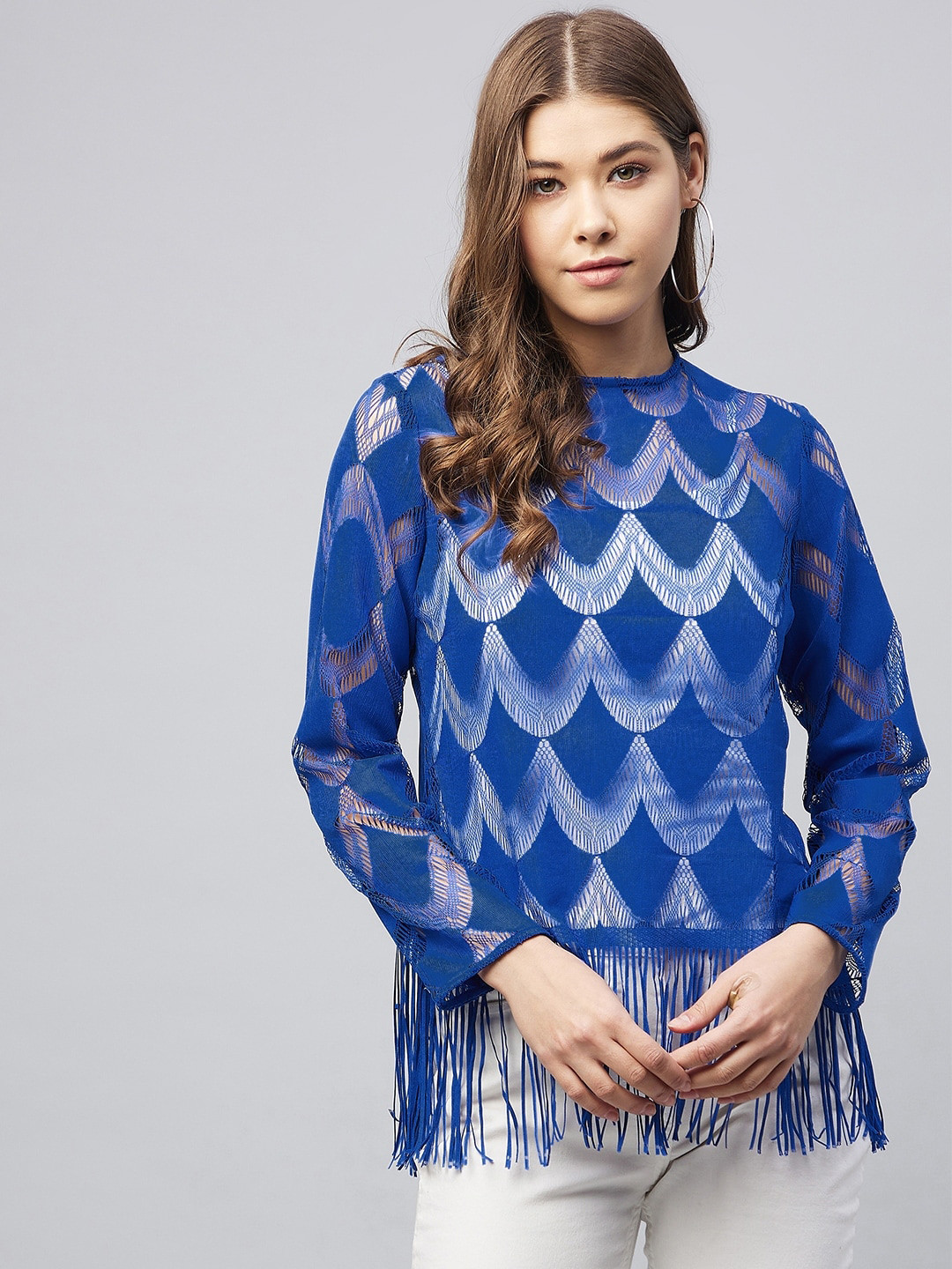 StyleStone Blue Fringed Lace Top